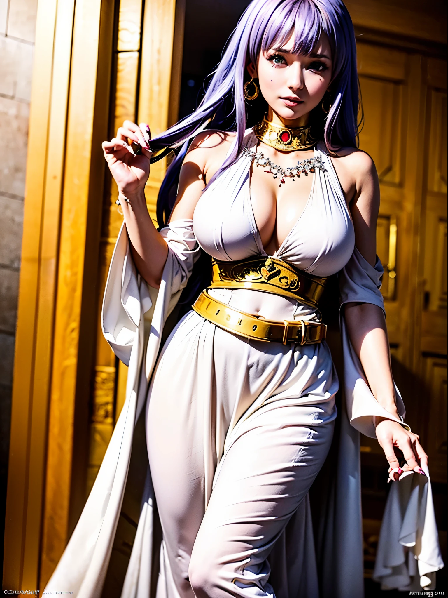 Masterpiece, best quality, 8k, ultra detailed, !(Sasha Atena, beautiful woman goddess, long, straight purple hair, !(light green eyes), perfect body, big breast. Her clothing consists of: A white dress with golden details, which symbolizes her purity and divinity. The dress has a long, pleated skirt, which gives it an elegant and majestic look. The neckline is round and modest, and the sleeves are short and puffy. (The dress also has a golden belt with a flower-shaped buckle, which holds a red cloth hanging from behind). A golden necklace with a heart-shaped pendant, expressing her love for her warriors and her friends. A pair of golden star-shaped earrings, which reflect your light and your hope)