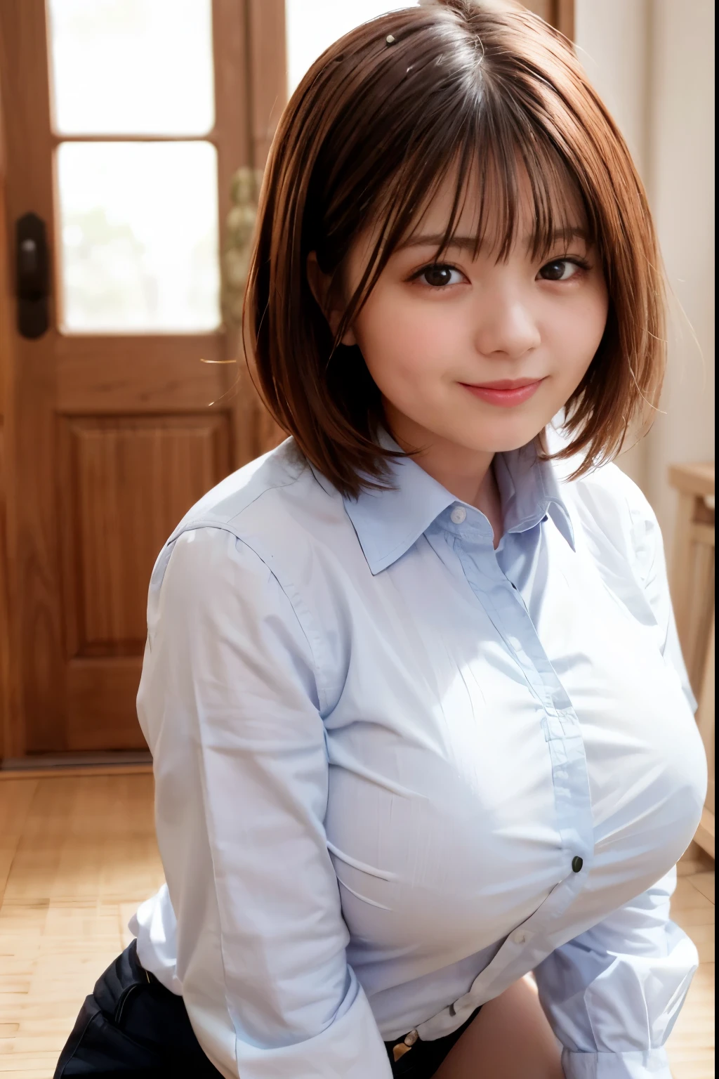 ((pieces fly)), ((highest quality)), (Super detailed), ((cute)), tremble, ((sexy)), (erotic), ((very detailed)), 4K, (8K), highest quality, (beautiful), genuineistic, genuine, dynamic angle, Japanese style room, girl, alone, Even though she has a loli fa and huge boobs, 2 buns hair, short hair, beautiful light brown hair, ((beautiful eyes)), thin smile, break, girl, light filters,lovely pose,playful expression,studio lighting,portrait, huge breasts, (button gap:1.2), (wearing a shirt which is completely buttoned), ((button down shirt)), (sfw), sukebra, see through bra, (fsb), frosuke