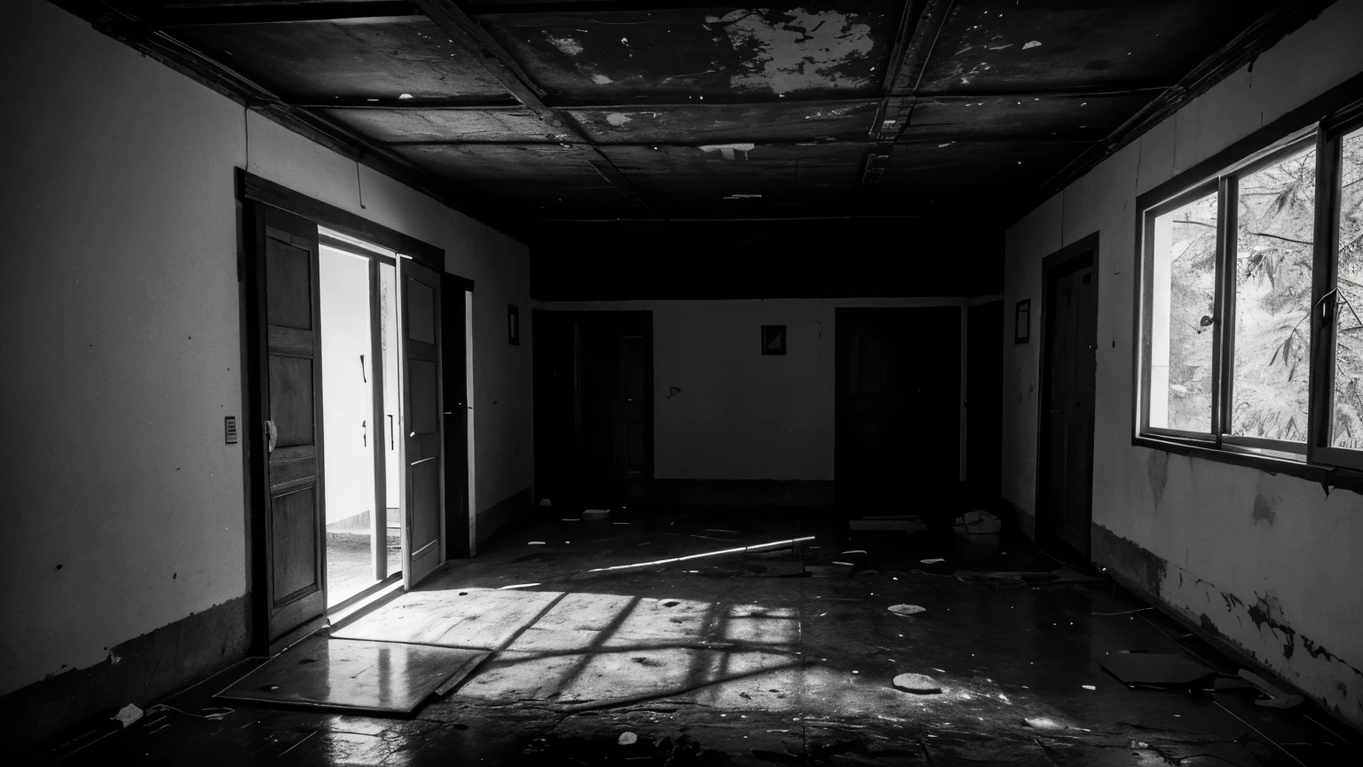 dentro de uma casa abandonada na sala com uma escada para o segundo andar, sujo, velho, empoeirado, escuro, no meio de uma floresta, ((monochrome)), ((dark)), ugly:5, DeepNegative