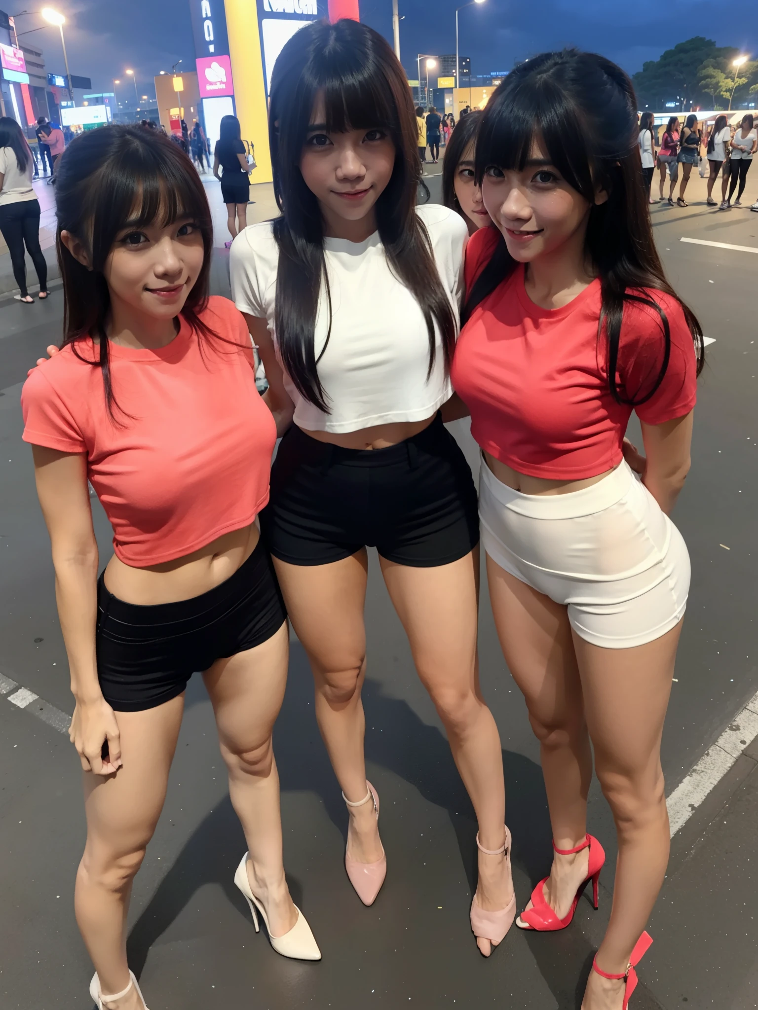 4 female, wearing tight mini t-shirt , hotpants, big boobs, open chest,Standing At the jakarta city square, night, full body, with female friend, bangs long hair, heels, little smile, embrace each other 