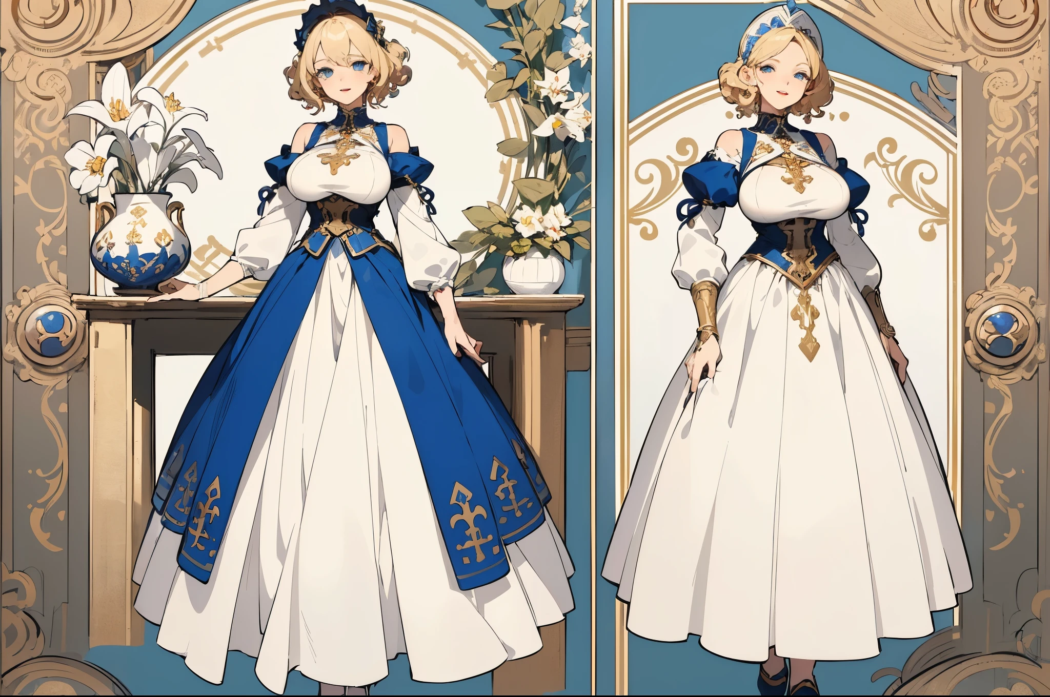 ((masterpiece, top quality)), detailed face, character sheets, full body, full of details, Multiple poses and expressions, highly detailed, Depth, many parts, 1 beautiful adult woman, (huge breasts) very short blonde hair and curly, blue eyes, red lips, sensual body, dressed in a white Nordic dress with golden rune decorations, neckline, headdress and Nordic jewelry, smile