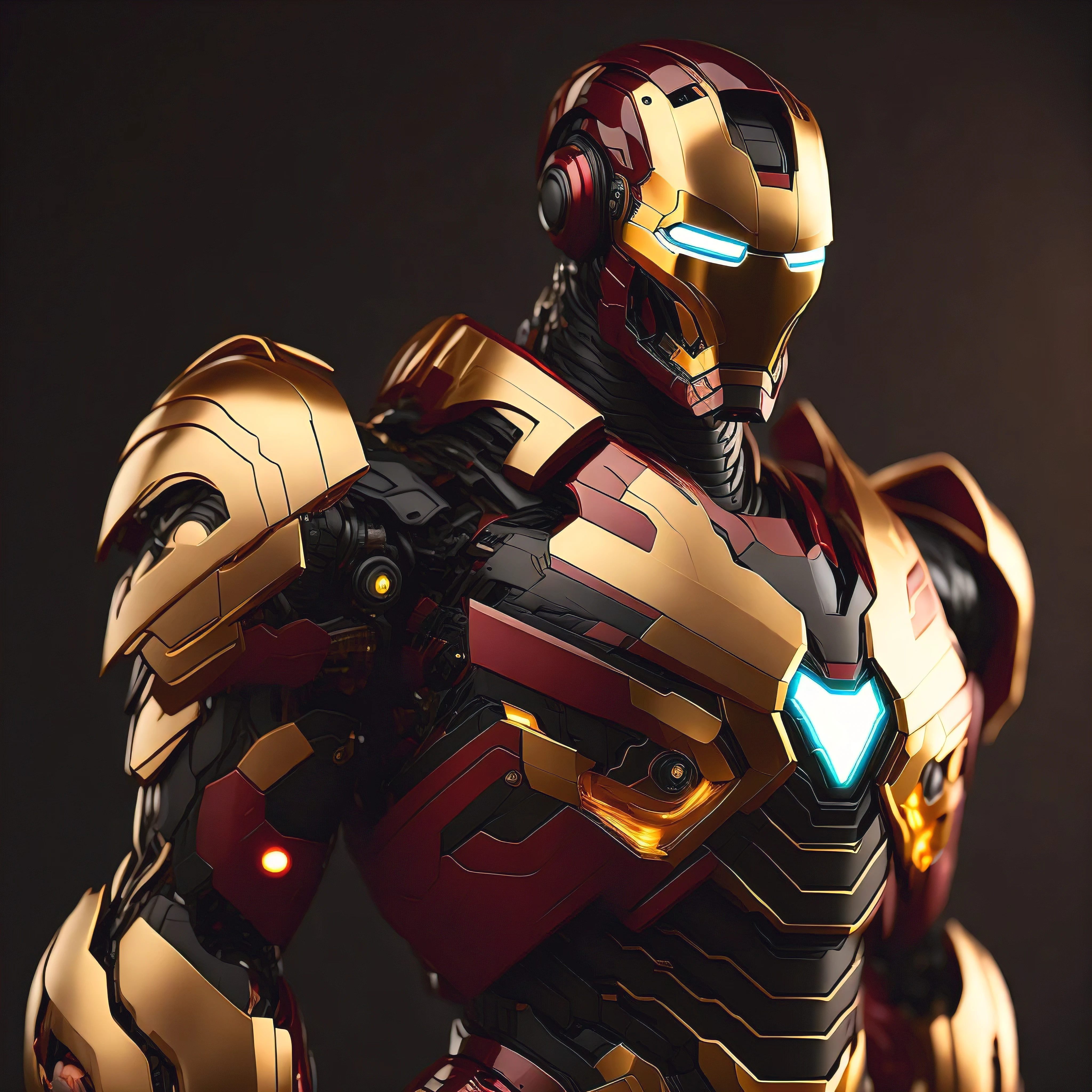 Déguisement d&#39;Iron Man, Costume méca, 8K, combinaison mécanique minimaliste de base simple futuriste, costume noir avec accents dorés, or métal brillant, photo réaliste, détails élevés, meilleure qualité.