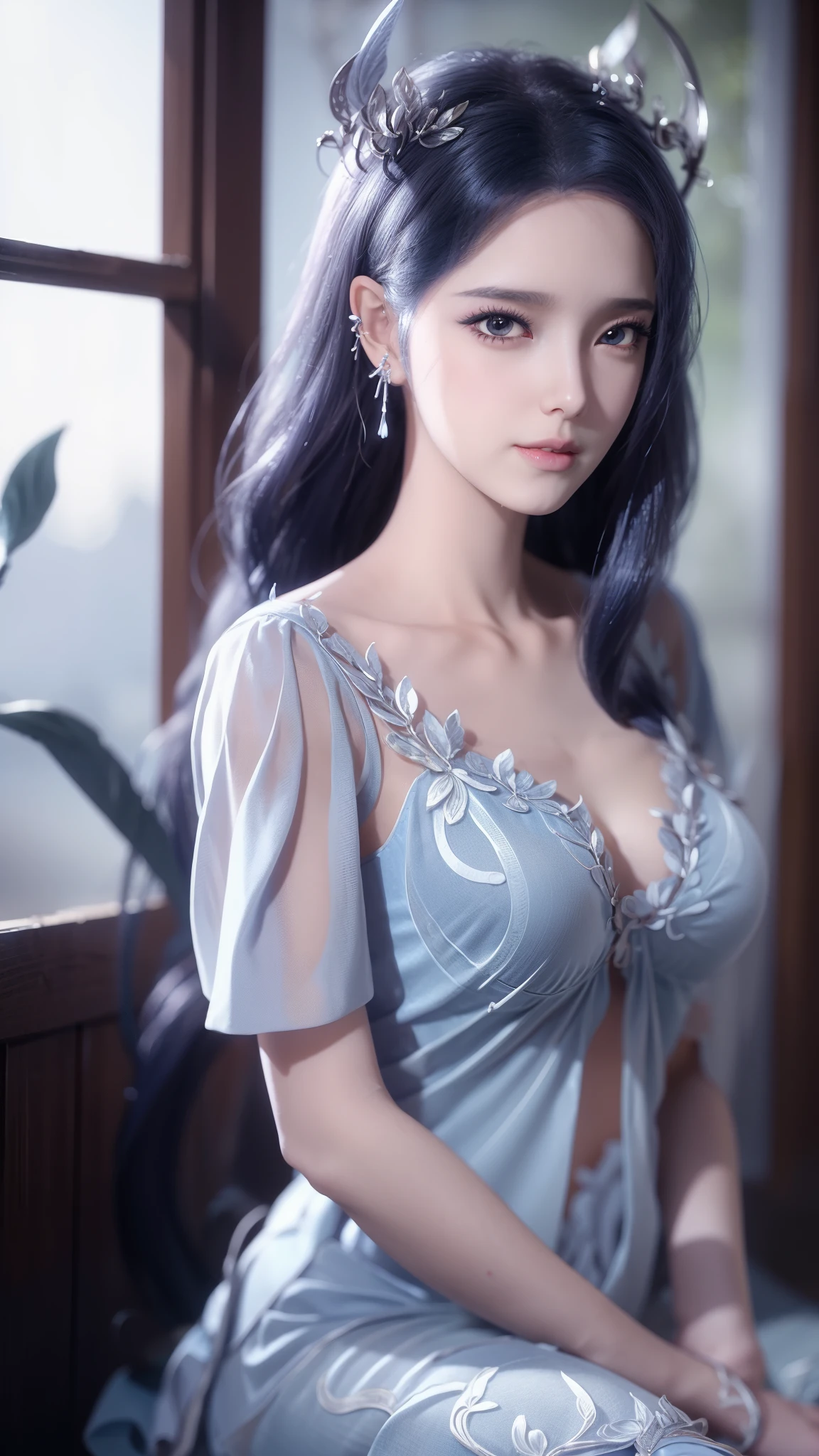 Arad woman in blue dress sitting on the windowsill, Cute anime waifu wearing beautiful clothes, Popular topics on cgstation, 8k high quality detailed art, anime barbie wearing white, Very detailed and beautiful fan art, Extremely detailed Artgerm, anime girl squatting, flowing magic robe, Beautiful and seductive anime woman, wlop sum sakimichan