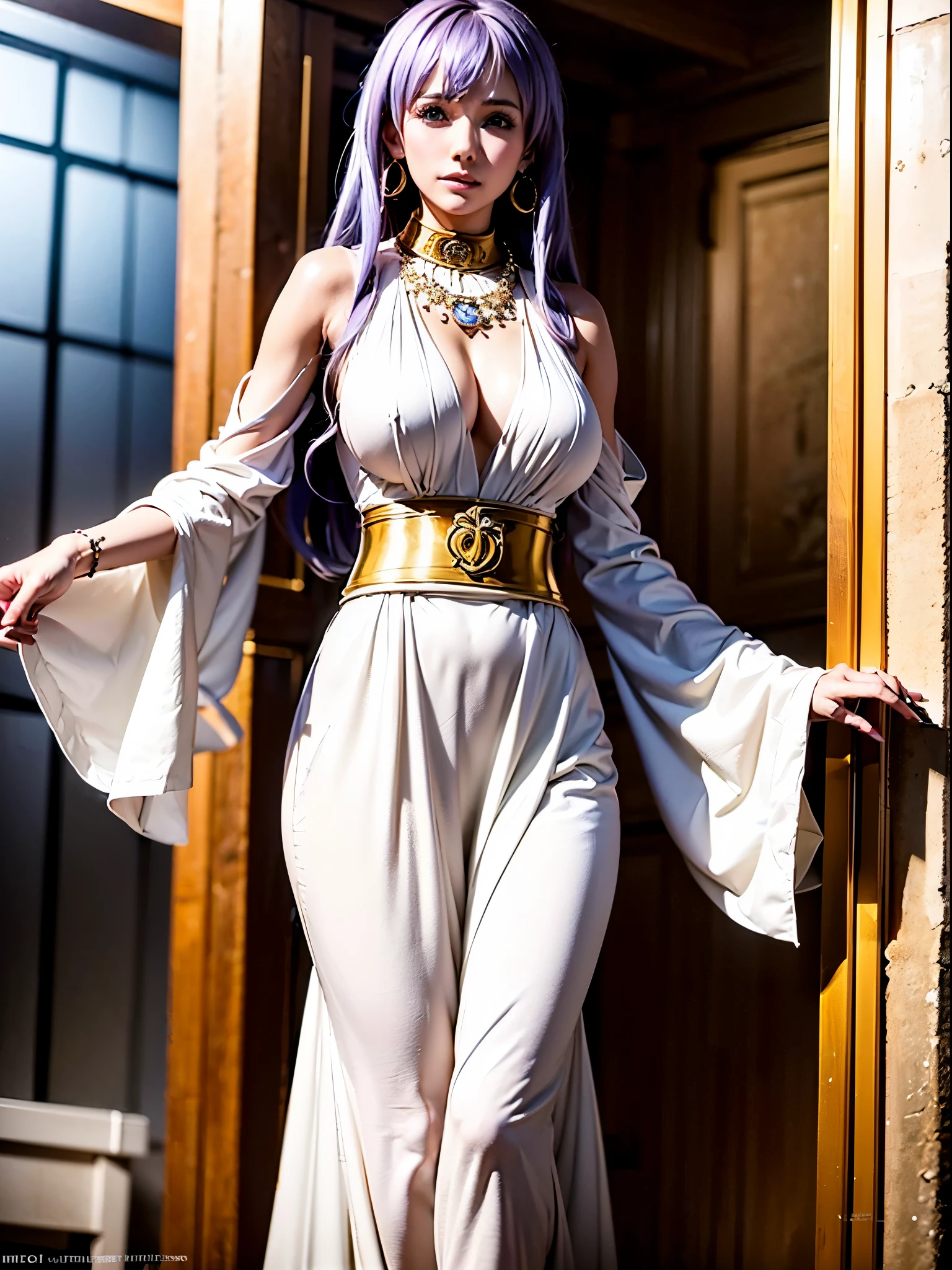 Masterpiece, best quality, 8k, ultra detailed, !(Sasha Atena, beautiful woman goddess, long, straight purple hair, !(light green eyes), perfect body, big breast. Her clothing consists of: A white dress with golden details, which symbolizes her purity and divinity. The dress has a long, pleated skirt, which gives it an elegant and majestic look. The neckline is round and modest, and the sleeves are short and puffy. (The dress also has a golden belt with a flower-shaped buckle, which holds a red cloth hanging from behind). A golden necklace with a heart-shaped pendant, expressing her love for her warriors and her friends. A pair of golden star-shaped earrings, which reflect your light and your hope)