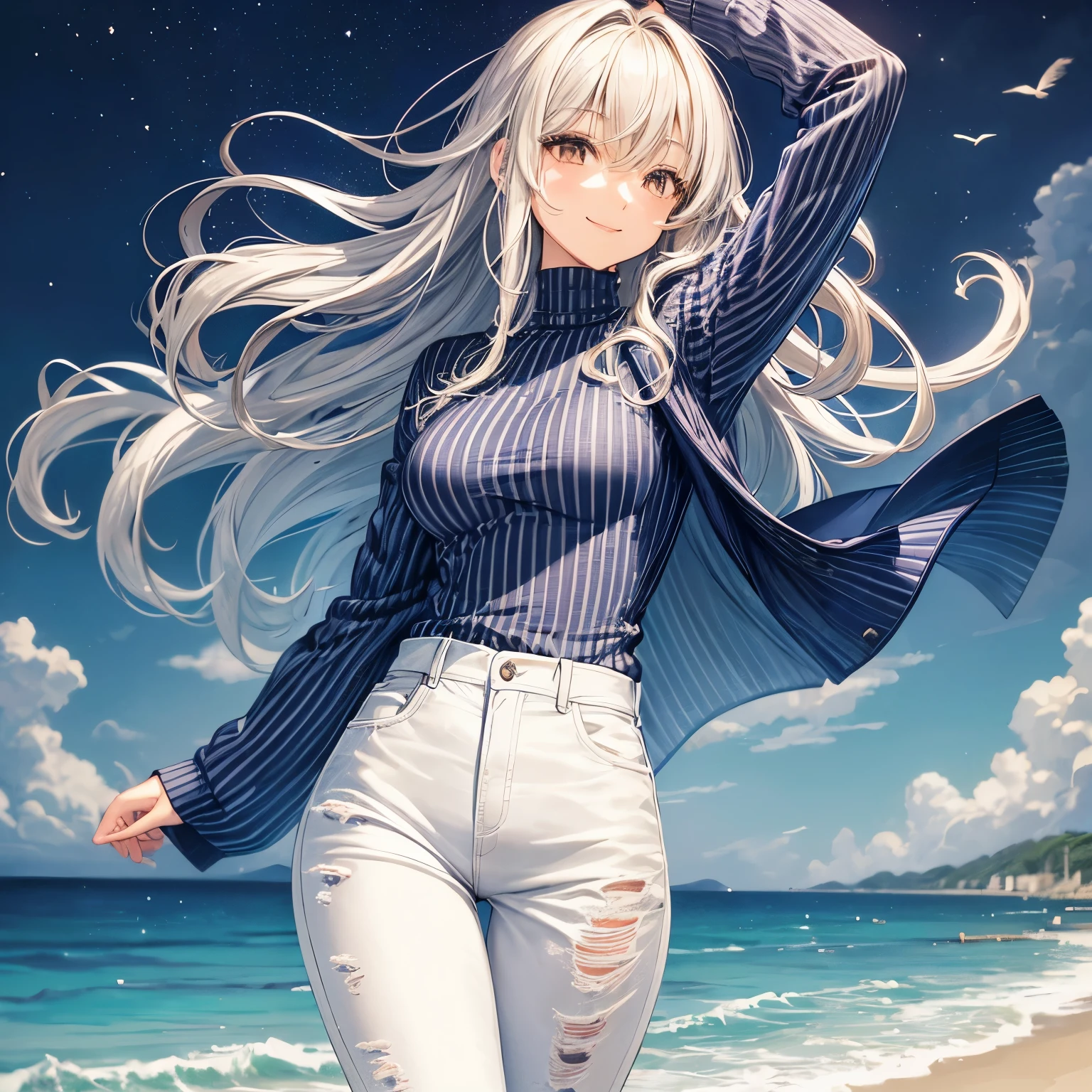 A 25 year old Japanese slender lady, silver ((loose curly hair))smooth curly hair , wearing a long sleeved blue shirt ((high neck, vertical stripes))and a cardigan , white damaged jeans, looks really calming and beautiful and cool, at a beach in midnight, spreading her left arms forward, a bit windy scene, smiling passionately under the moonlight, looking back pose, charming smile