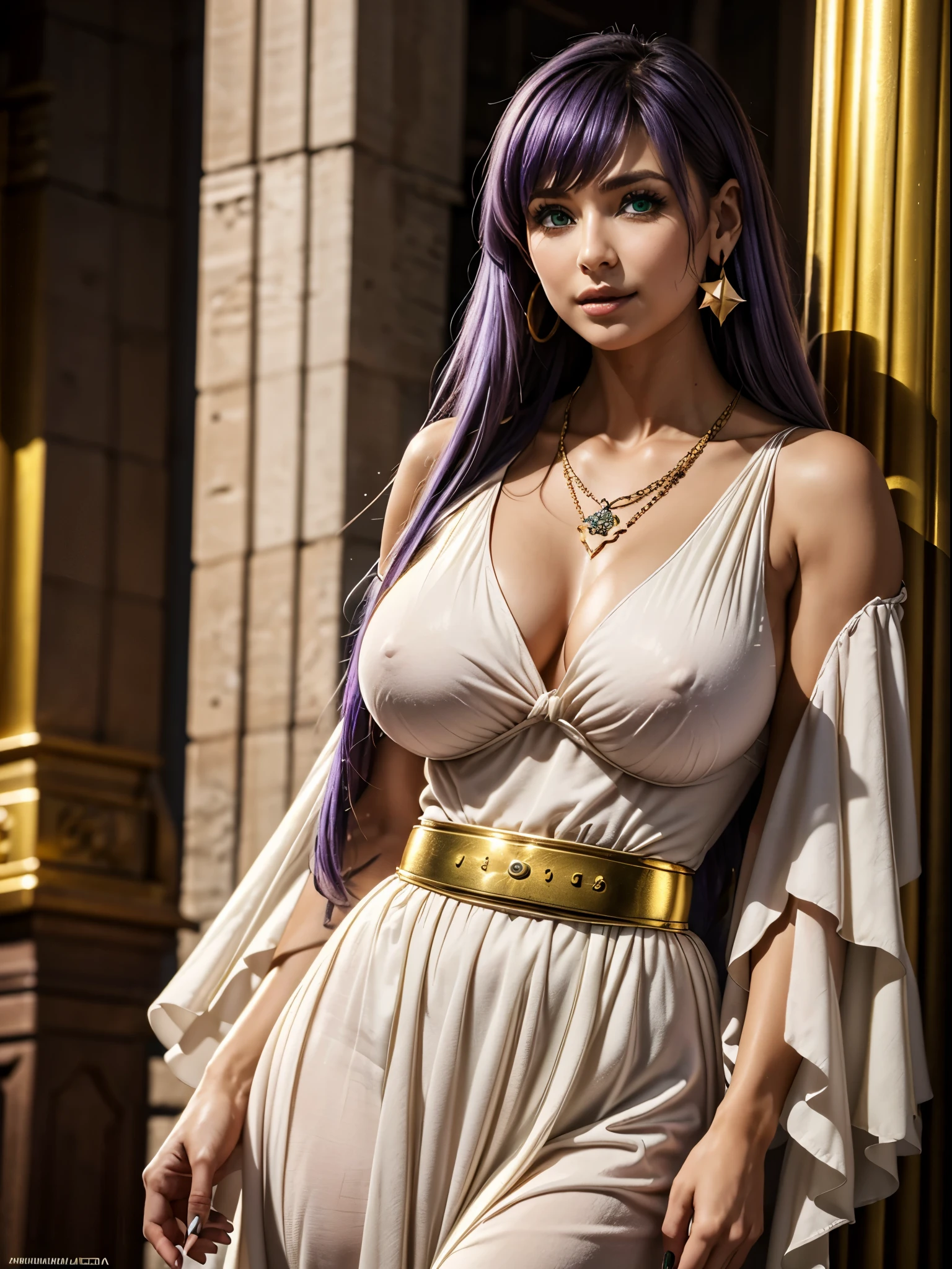 Masterpiece, best quality, 8k, ultra detailed, !(Sasha Atena, beautiful woman goddess, long, straight purple hair, !(light green eyes), perfect body, big breast. Her clothing consists of: A white dress with golden details, which symbolizes her purity and divinity. The dress has a long, pleated skirt, which gives it an elegant and majestic look. The neckline is round and modest, and the sleeves are short and puffy. (The dress also has a golden belt with a flower-shaped buckle, which holds a red cloth hanging from behind). A golden necklace with a heart-shaped pendant, expressing her love for her warriors and her friends. A pair of golden star-shaped earrings, which reflect your light and your hope)