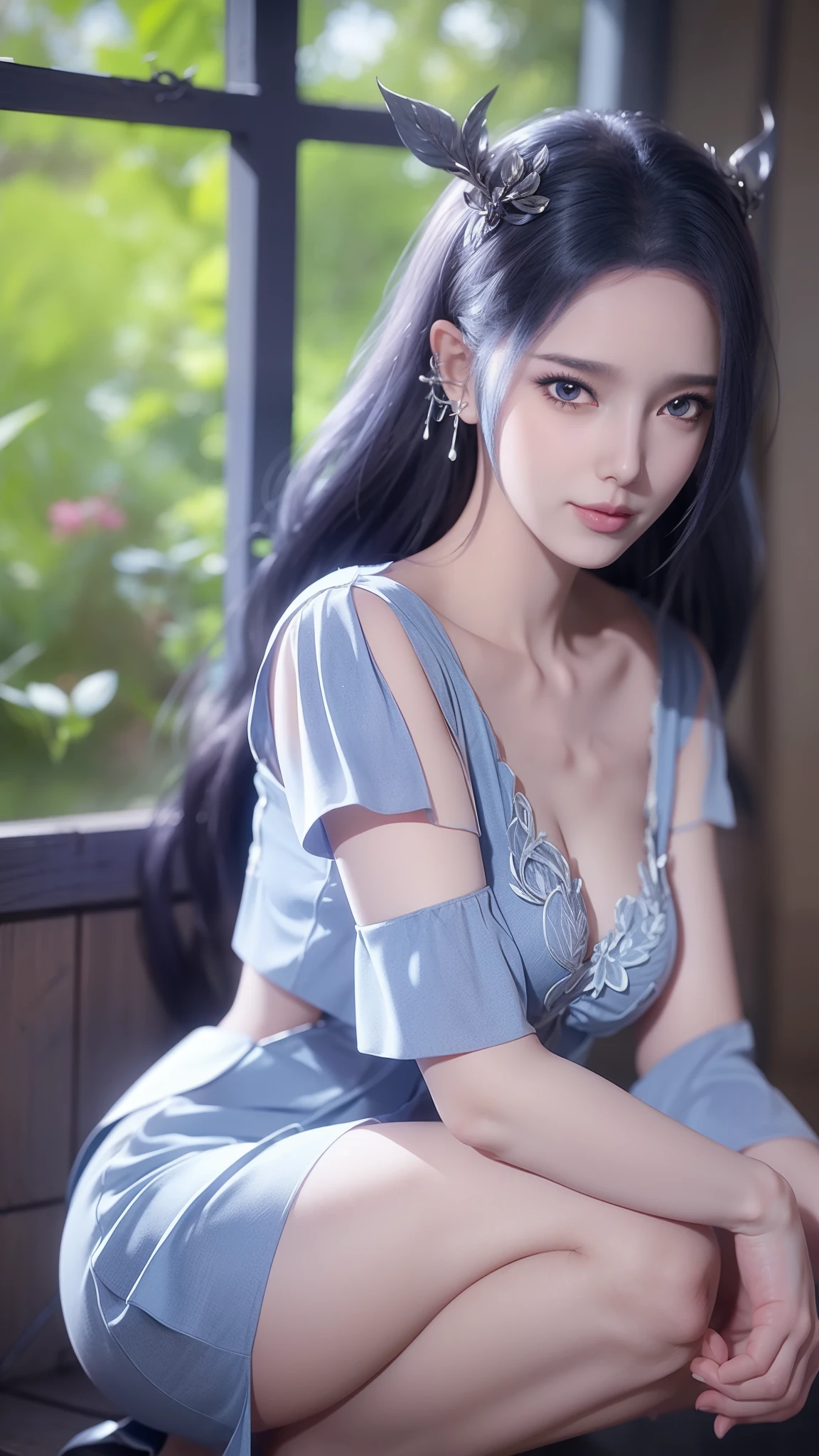 Arad woman in blue dress sitting on the windowsill, Cute anime waifu wearing beautiful clothes, Popular topics on cgstation, 8k high quality detailed art, anime barbie wearing white, Very detailed and beautiful fan art, Extremely detailed Artgerm, anime girl squatting, flowing magic robe, Beautiful and seductive anime woman, wlop sum sakimichan