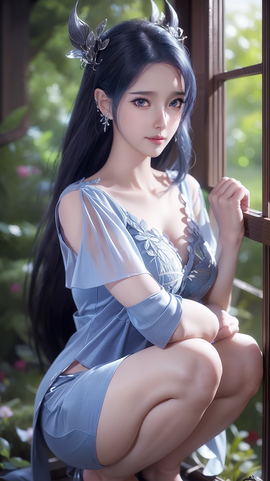 Arad woman in blue dress sitting on the windowsill, Cute anime waifu wearing beautiful clothes, Popular topics on cgstation, 8k high quality detailed art, anime barbie wearing white, Very detailed and beautiful fan art, Extremely detailed Artgerm, anime girl squatting, flowing magic robe, Beautiful and seductive anime woman, wlop sum sakimichan