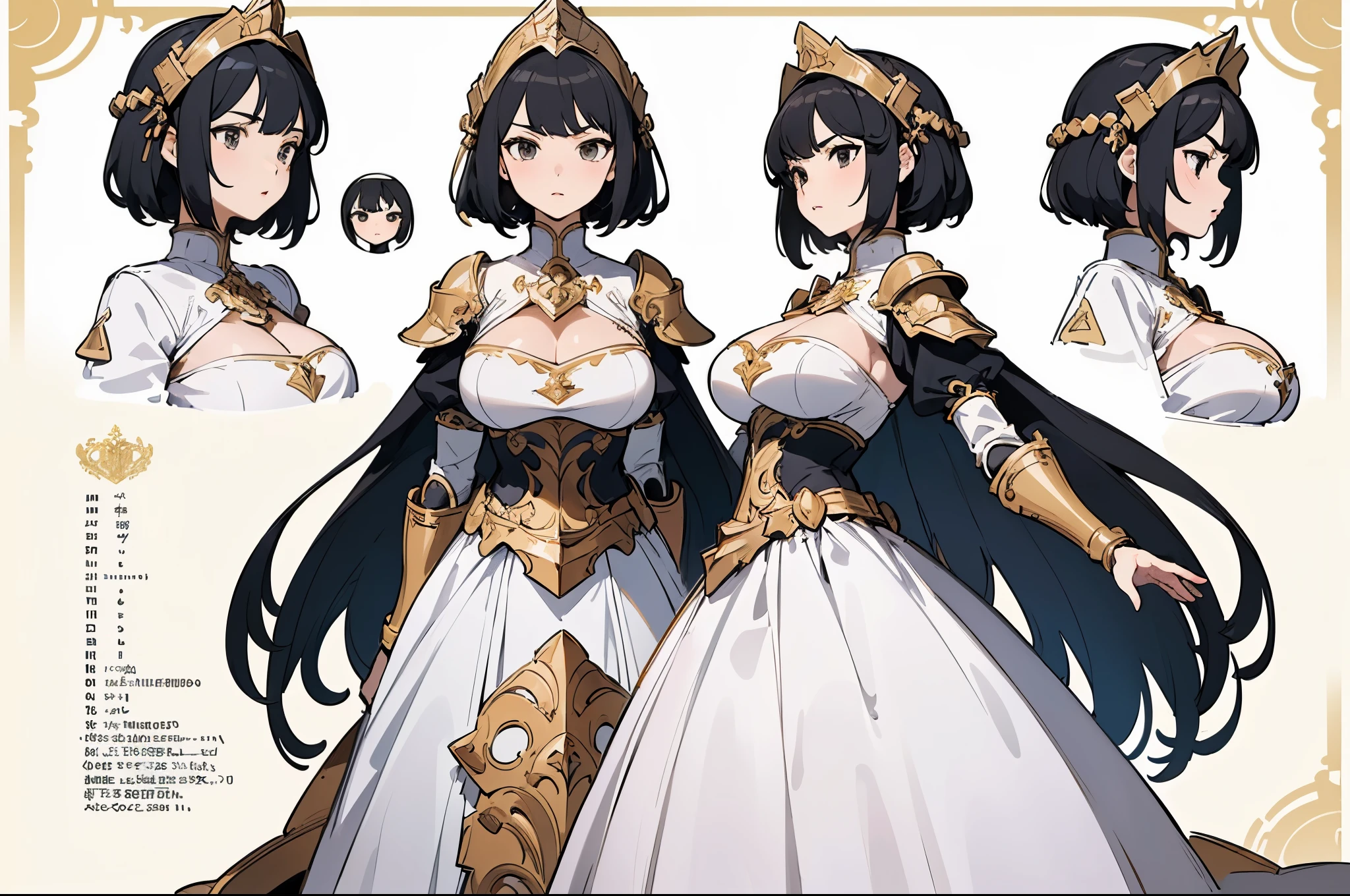 ((masterpiece, top quality)), detailed face, character sheets, full body, full of details, Multiple poses and expressions, highly detailed, Depth, many parts, 1 beautiful girl, (large breasts) very short black hair, black eyes, pink lips, sensual body, serious look, dressed in white fantasy paladin armor with gold trim, paladin headdress