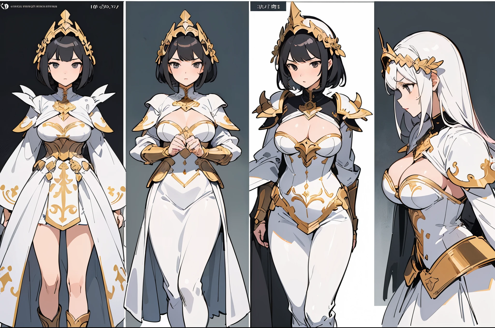 ((masterpiece, top quality)), detailed face, character sheets, full body, full of details, Multiple poses and expressions, highly detailed, Depth, many parts, 1 beautiful girl, (large breasts) very short black hair, black eyes, pink lips, sensual body, serious look, dressed in white fantasy paladin armor with gold trim, paladin headdress