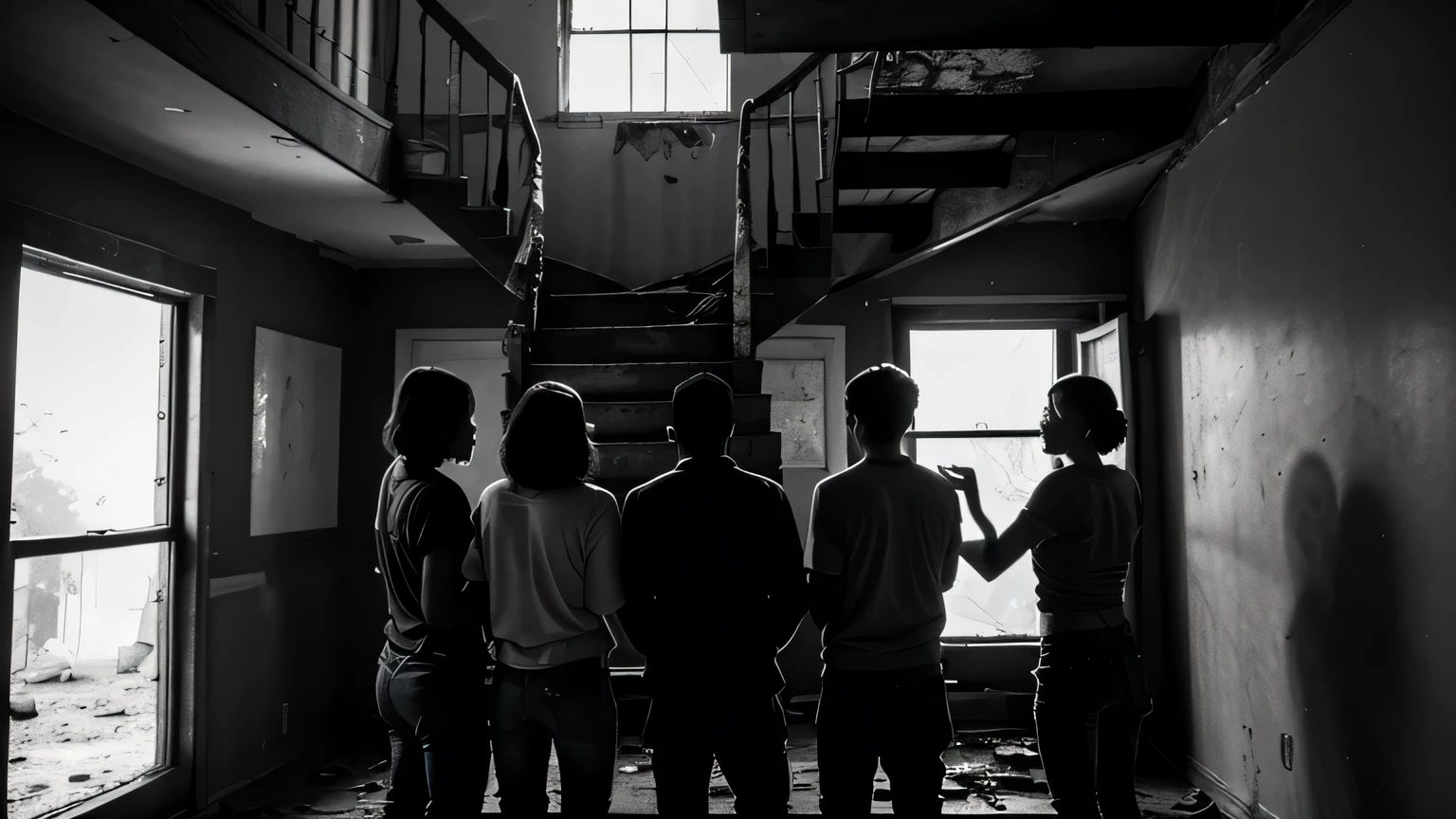 two men and three women back to back, dentro de uma casa abandonada em um quarto com escada para o segundo andar, sujo, velho, Empoeirado, escuro ((monochrome)), ((escuro)), feio:5, ProfundoNegativo