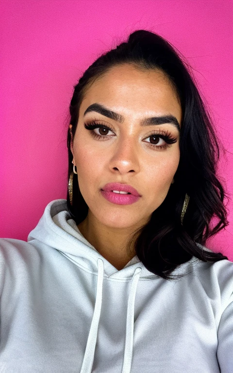 Photorealistic, sharp focus, raw photo, amateur photo, 25-year old Mexican-American woman, square face shape, long wavy black hair, big beautiful eyes, dark eye shadow, dark thick eye brows, thin nose, nose ring, juicy lips, taking a selfie, wearing white hoodie, wearing bright pink leggings, detailed skin pores & face texture, pores, (goosebumbs:0.7), dynamic pose, looking at viewer, (face focus), taken with mobile cam, film grain
