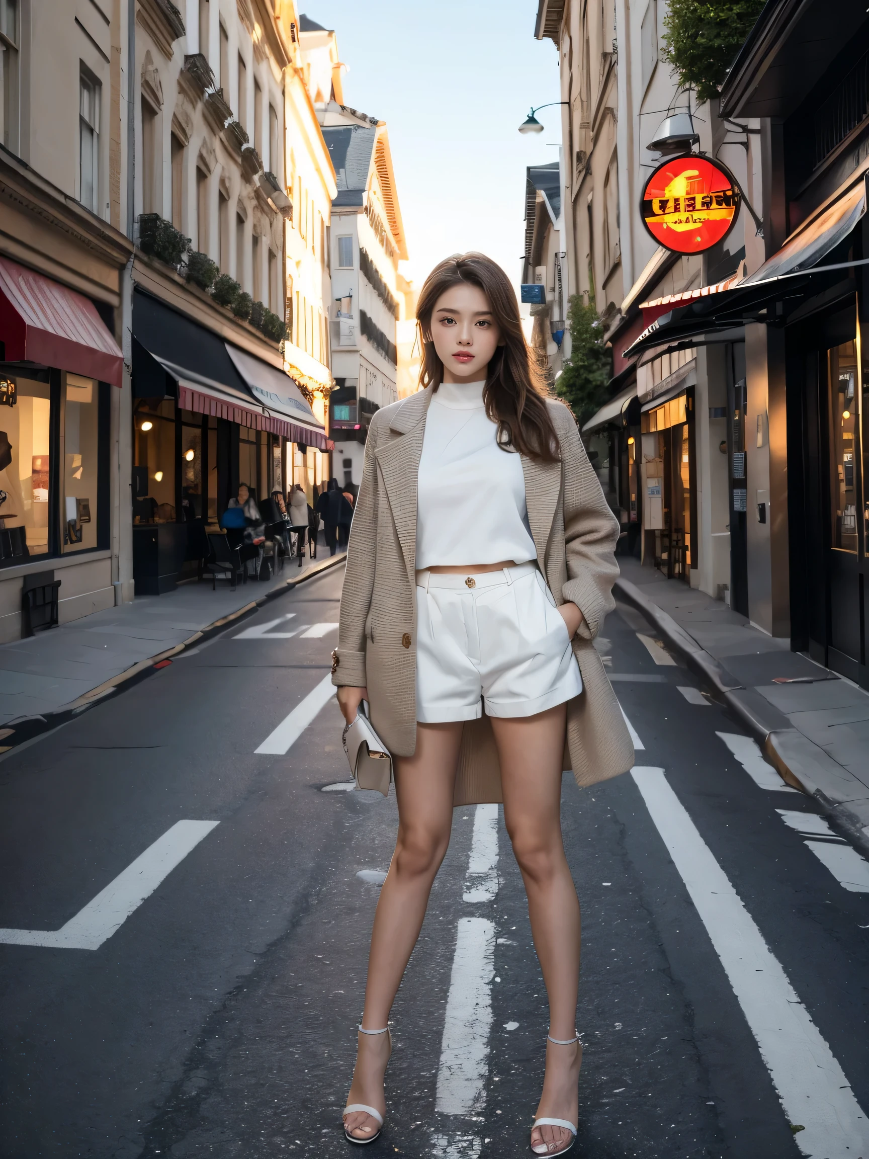 best quality,masterpiece,ultra high resolution,(actual:1.4),original photo,ultra high definition，8k，there is a girl，fashionable clothes，whole body，street，Warm