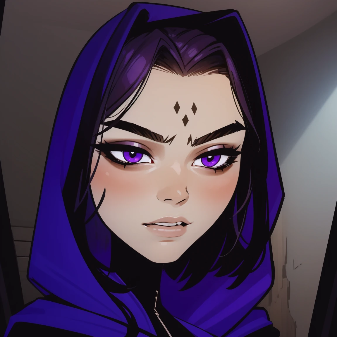 Raven,  titans, hooded, goth girl, autumn forest background, detailed, detailed, detailed, beautiful, detail, goth girl, masterpiece, purple clothes, red jewel centre head, dark night background, gothic, goth, goth, detailed, goth girl, piercings, detailed face, looking viewer, raven, (Dark eye shadow) dark eye shadow, black eye shadow, incasewestern artstylesemi-realistic facial structurepainterly style