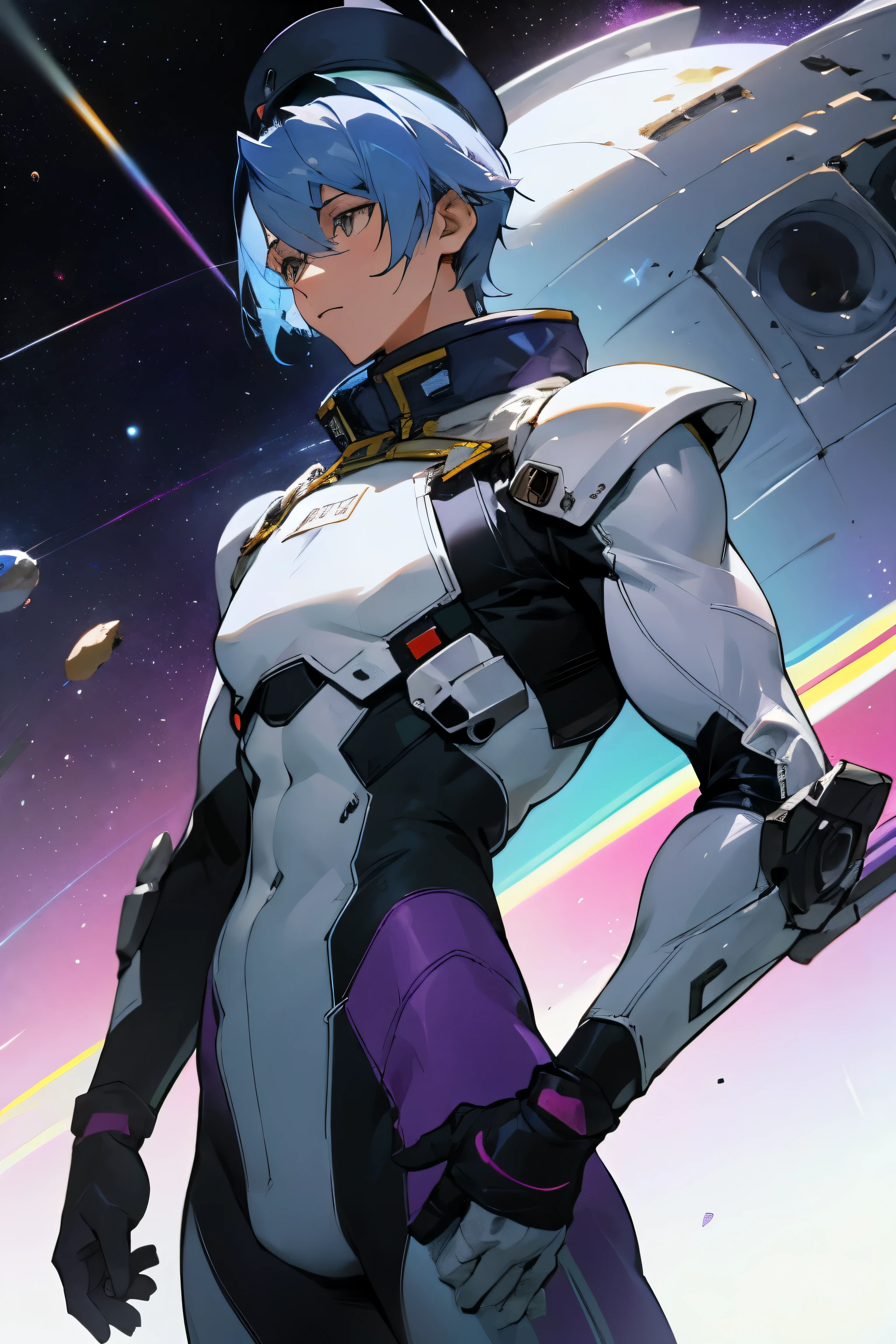 Space Clothing, Purple Green, and white color palette for outfits, Any features you want physically, Bodysuit , Armored Clothing, male, Blue Hair, Commander Hat, Inside Space Ship background, gun, Muscular