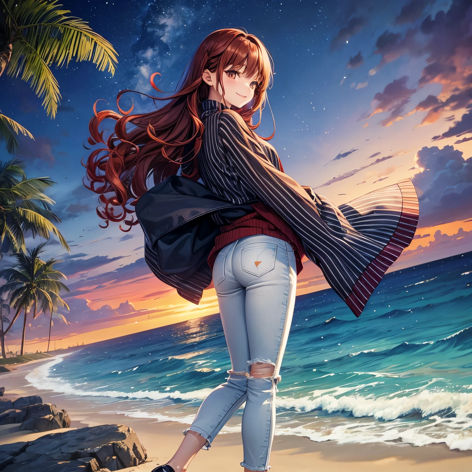 A 14 year old Japanese slender(( small tits)) lady, dark red ((loose curly hair))smooth curly short hair , wearing a long sleeved blue shirt ((high neck, vertical stripes))and a long cardigan , white damaged jeans, looks really calming and beautiful and cool, at a beach in midnight, spreading her left arms forward, a bit windy scene, smiling passionately under the moonlight, looking back pose, charming smile 