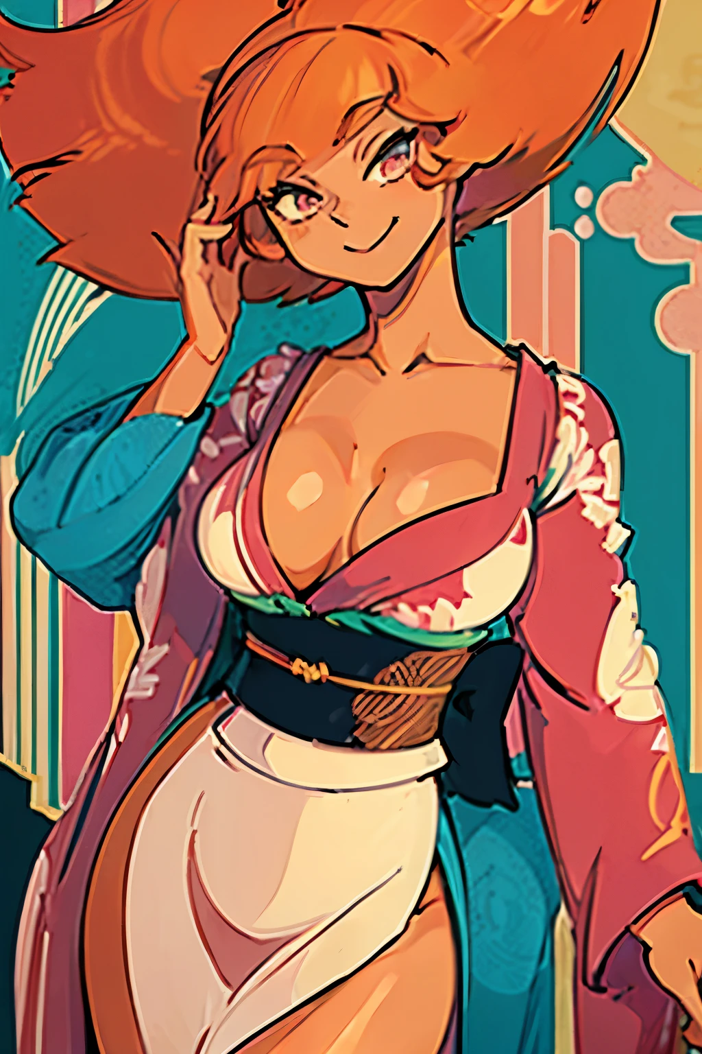 Chica de ojos grandes, ((kimono)), big breasts, (2d line:1.3), hestia ((alone)) ((only)) ((neckline)) sexy smile, orange hair