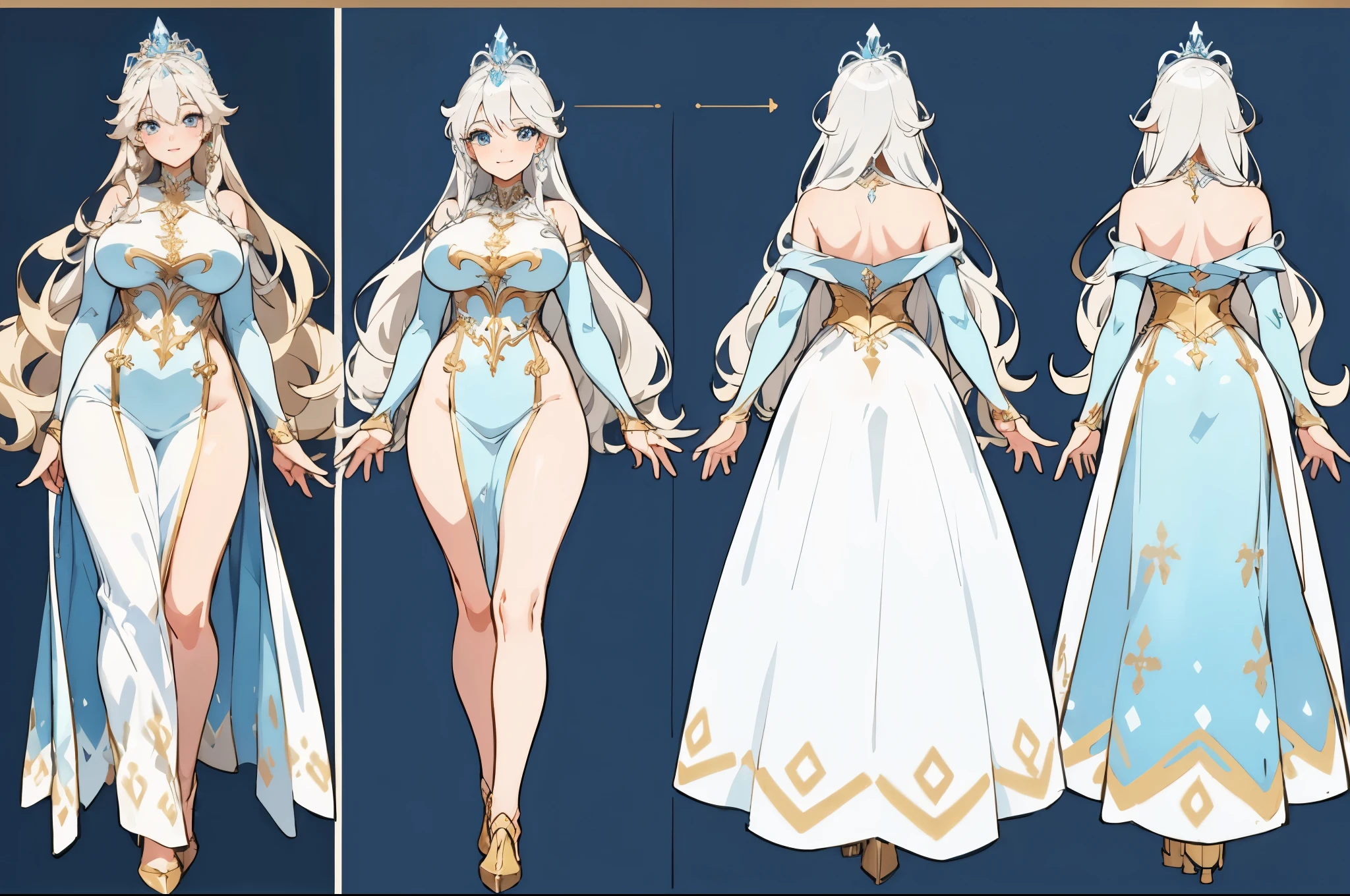 ((masterpiece, top quality)), detailed face, character sheets, full body, full of details, Multiple poses and expressions, highly detailed, Depth, many parts, 1 beautiful girl, (huge breasts) Elsa from Frozen, eyes blue, looking at viewer, curvy body (long, wavy hair), sensual body, dressed in a white princess dress with gold details, with jewelry and gold headdress, smile
