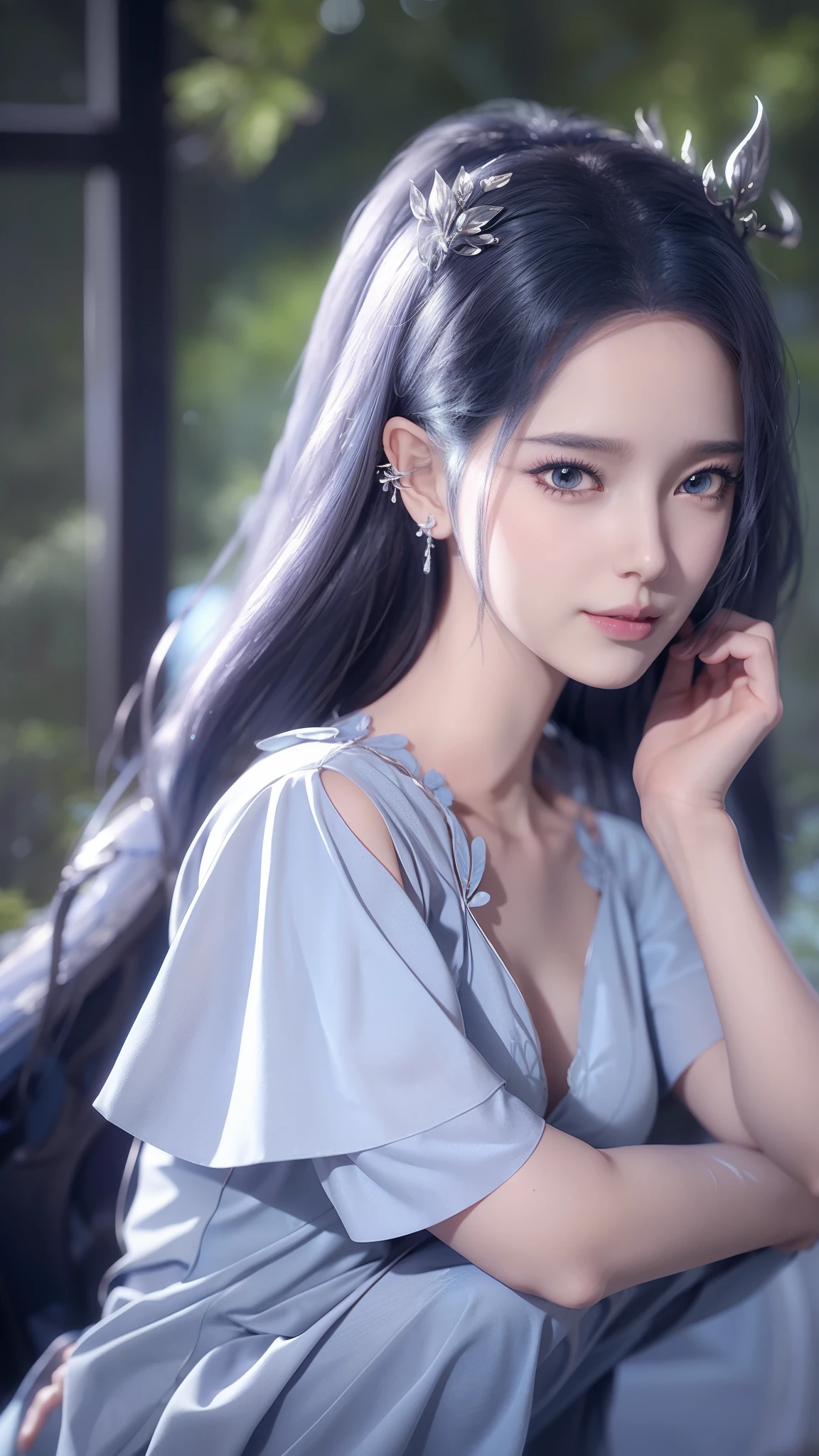 Arad woman in blue dress sitting on the windowsill, Cute anime waifu wearing beautiful clothes, Popular topics on cgstation, 8k high quality detailed art, anime barbie wearing white, Very detailed and beautiful fan art, Extremely detailed Artgerm, anime girl squatting, flowing magic robe, Beautiful and seductive anime woman, wlop sum sakimichan