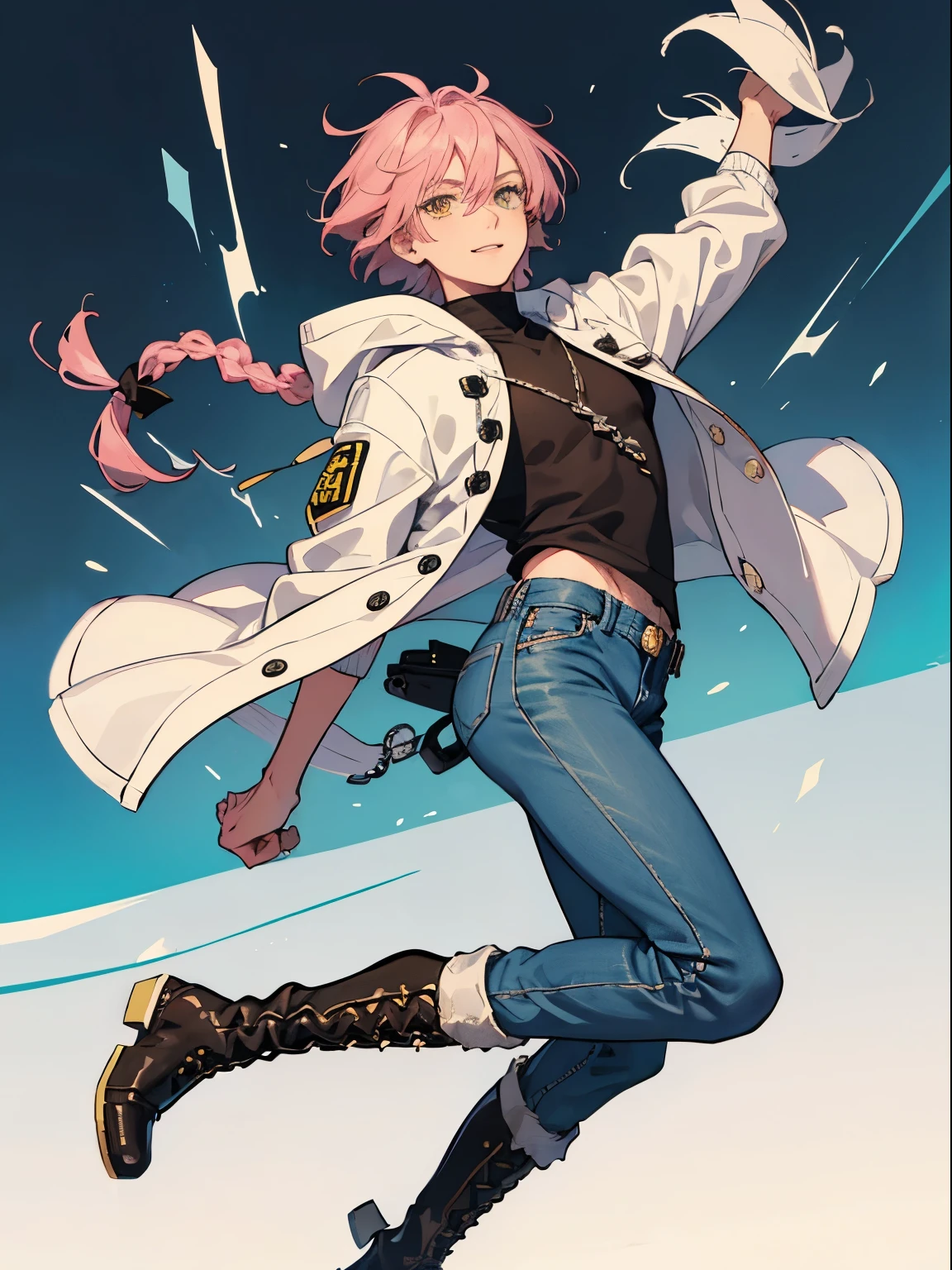 1boy, male focus, solo, pink hair, wolf cut, shag, fluffy hair, short thin braid, blue eyes, library background, tall brown boots, fashion boots, heeled boots, full body, looking at viewer, blue skinny jeans, kapris, jeans tucked into boots, long thin legs, playful smile, tilted head, broad shoulders, muscular, masculine, white under shirt, yellow hooded jacket, yellow jacket, (VERY DETAILED EYES:1.5)