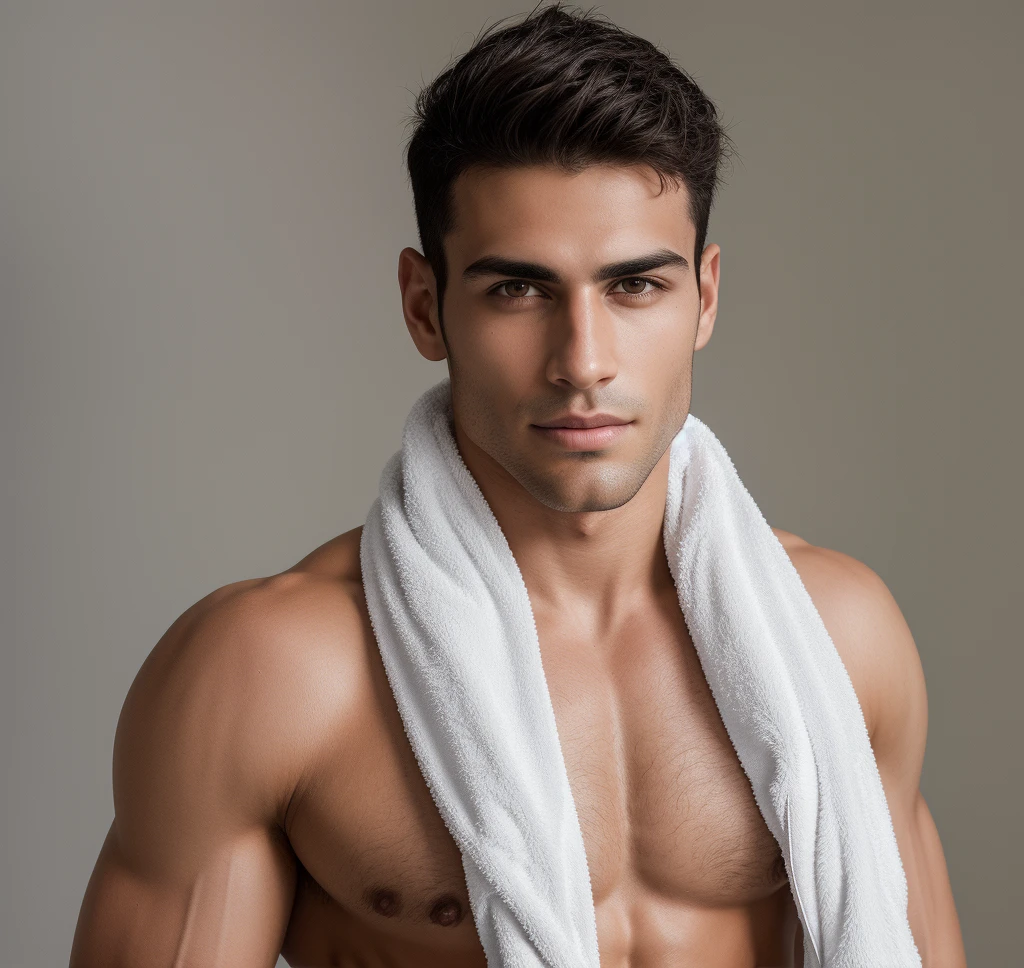 arafed man with a towel around his neck and no shirt, high quality, masterpiece, wearing a towel, male model, strong masculine features, attractive male, masculine features, lean man with light tan skin, head and shoulders photography, clean shaven wide face, clean shaven face, young man with beautiful face, handsome male, clean shaven!!!!, well-groomed model