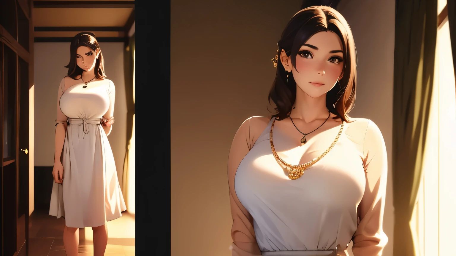 best quality, masterpiece, highres, 1girl, casual dress, hair ornament, necklace, jewelry, Beautiful face, full body standing, tyndall effect, photorealistic, dark studio, rim lighting, two tone lighting, (high detailed skin:1.2), 8k uhd, dslr, soft lighting, high quality, volumetric lighting, candid, Photograph, high resolution, 4k, 8k, Bokeh, medium breasts,