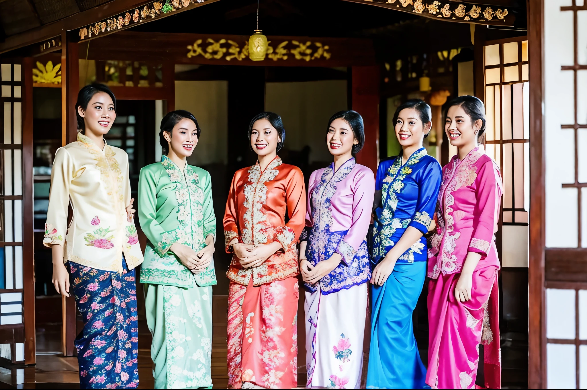 a group of women in kebaya posing for Miss Kebaya beauty contest, pose(arms up + happy), pose, 3 / 4 pose, posse features, 8 k uhd poser, photoshoot poses, portrait pose, various poses shooting photos, pose model, various pose, t pose, anime pose, pose 4 of 1 6, poser, posing for poster photography