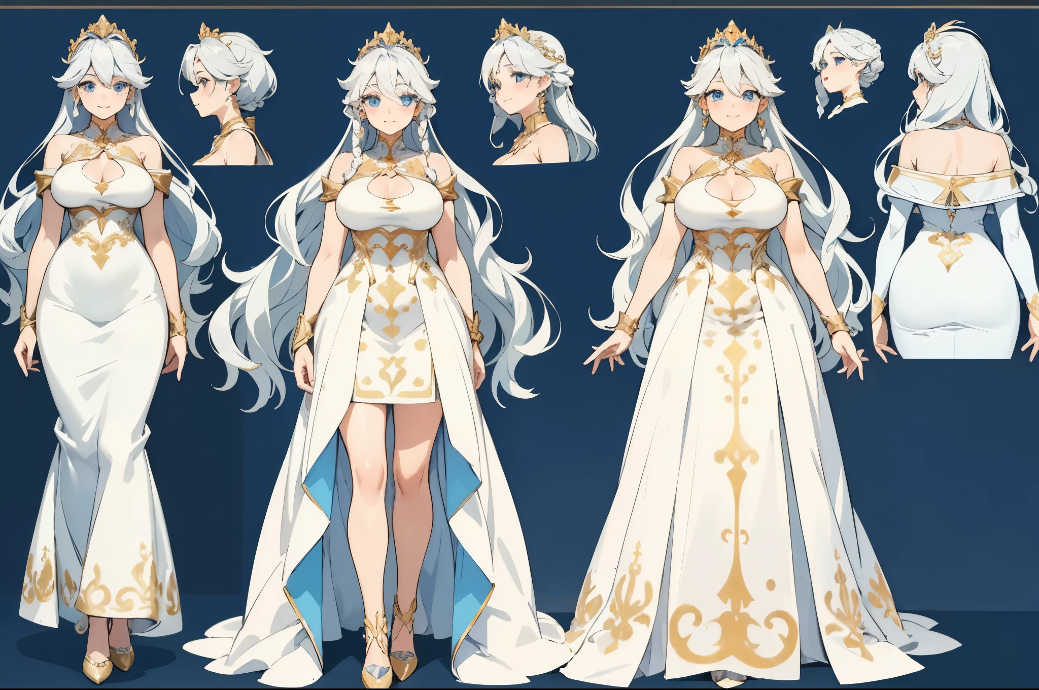 ((masterpiece, top quality)), detailed face, character sheets, full body, full of details, Multiple poses and expressions, highly detailed, Depth, many parts, 1 beautiful girl, (huge breasts) Elsa from Frozen, eyes blue, looking at viewer, curvy body (long, wavy hair), sensual body, dressed in a white princess dress with gold details, with jewelry and gold headdress, smile
