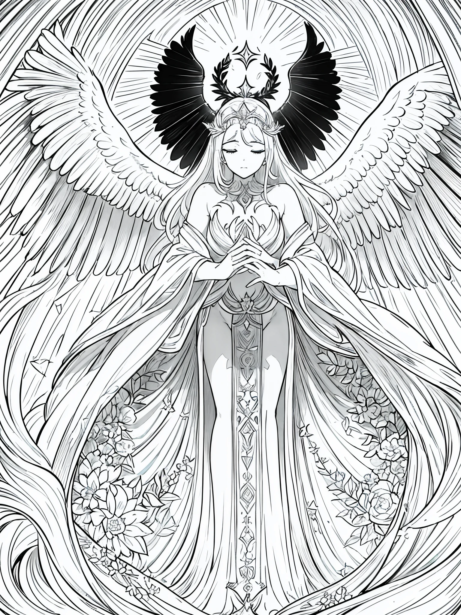 Angel with beautiful wings in an anime art style.. Las alas deben ser muy detalladas y fascinantes., Parecido a una obra de arte. This sexy angel with a touch of NSFW elements. Posando sobre un fondo blanco limpio. La obra de arte lineal.. The lines of the drawing should be delicate and elegant., parecido a un boceto. La calidad de imagen debe ser excelente, with 4K resolution, 8k or even more, making it a true masterpiece.