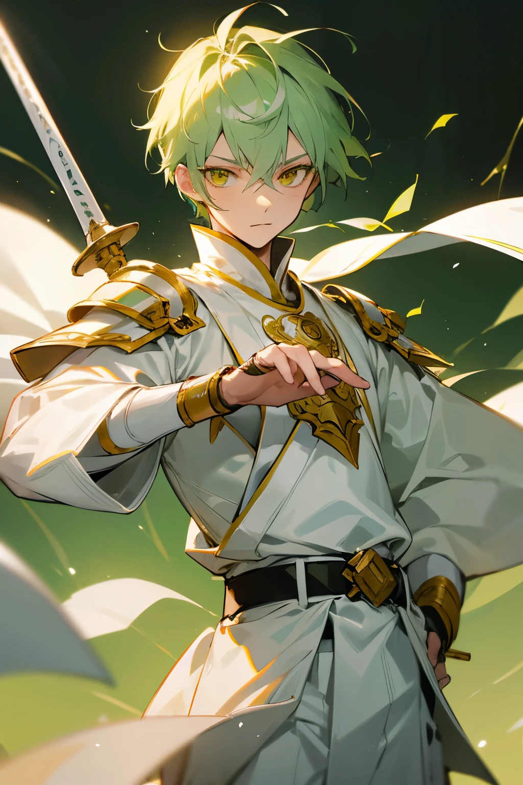 Light Green Hair , Golden Eyes , white Martial arts clothing , white Sash belt scars, white armor chestplate, young man, dagger in both hands