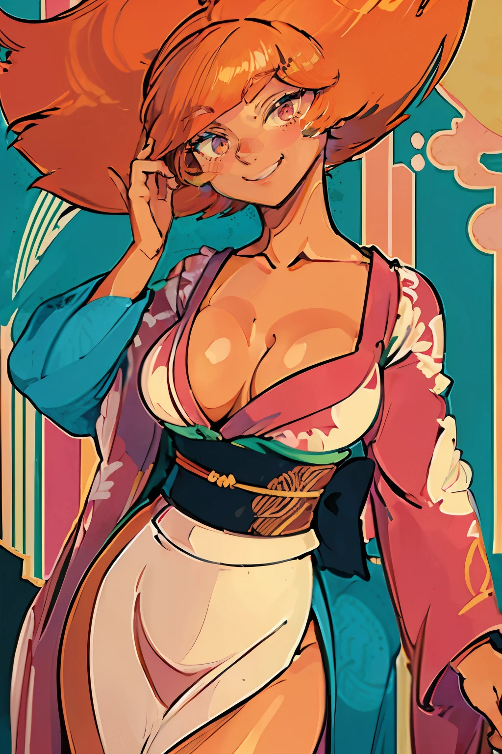 Chica de ojos grandes, ((kimono)), big breasts, (2d line:1.3), hestia ((alone)) ((only)) ((neckline)) sexy smile, orange hair