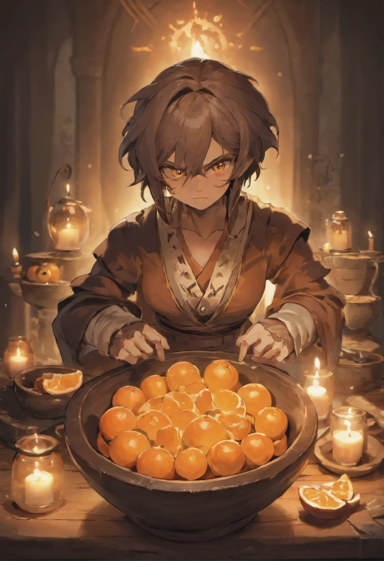there are many bowls of oranges on a table with a candle, still life photography, old masters light composition, warm glow, rustic, still life, rendered art, wooden bowl, alchemical still made from clay, rendered in corona, bowl, portrait shot, colour, pot, photo still, old, by Etienne Delessert, by Frederik Vermehren