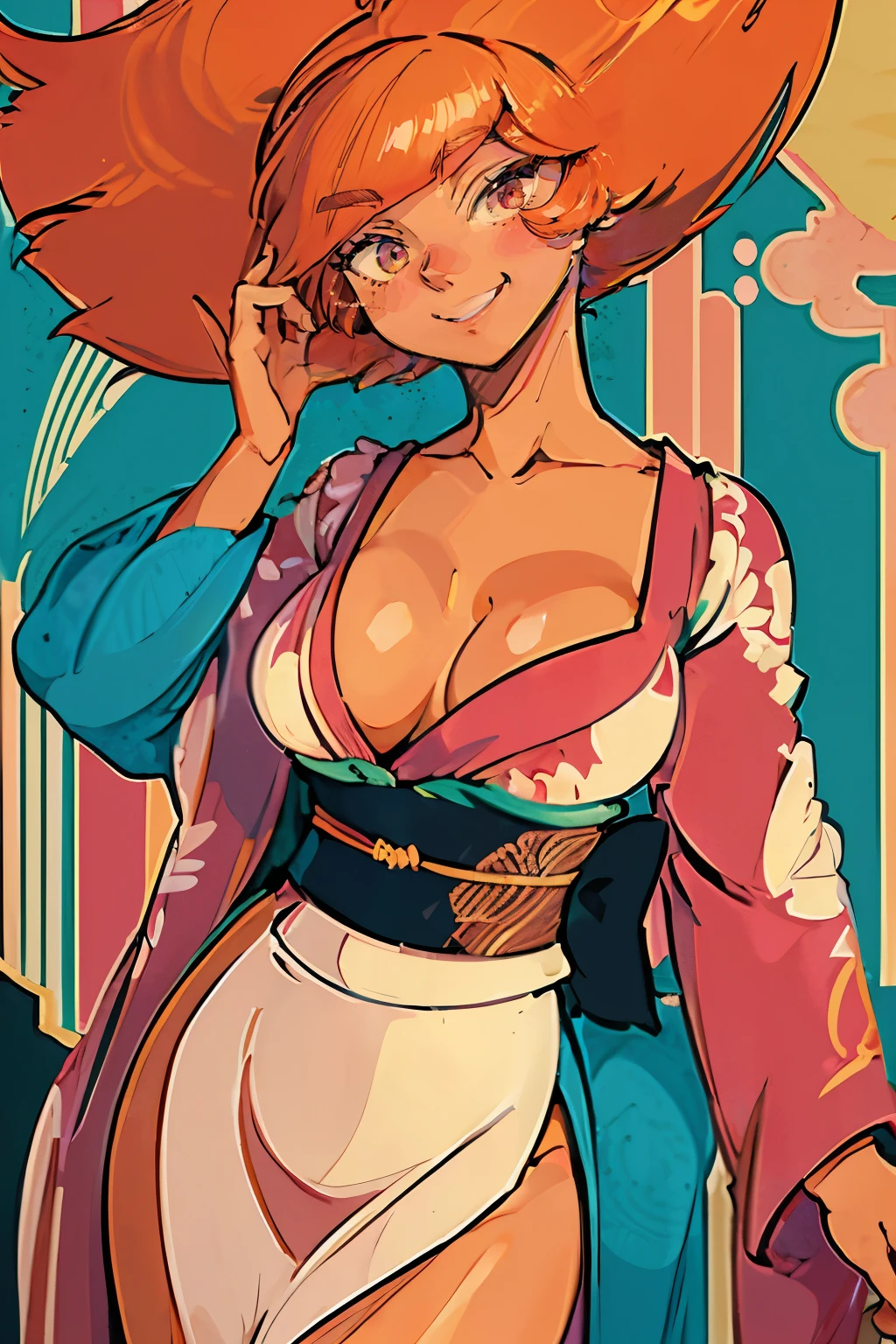 Chica de ojos grandes, ((kimono)), big breasts, (2d line:1.3), hestia ((alone)) ((only)) ((neckline)) sexy smile, orange hair