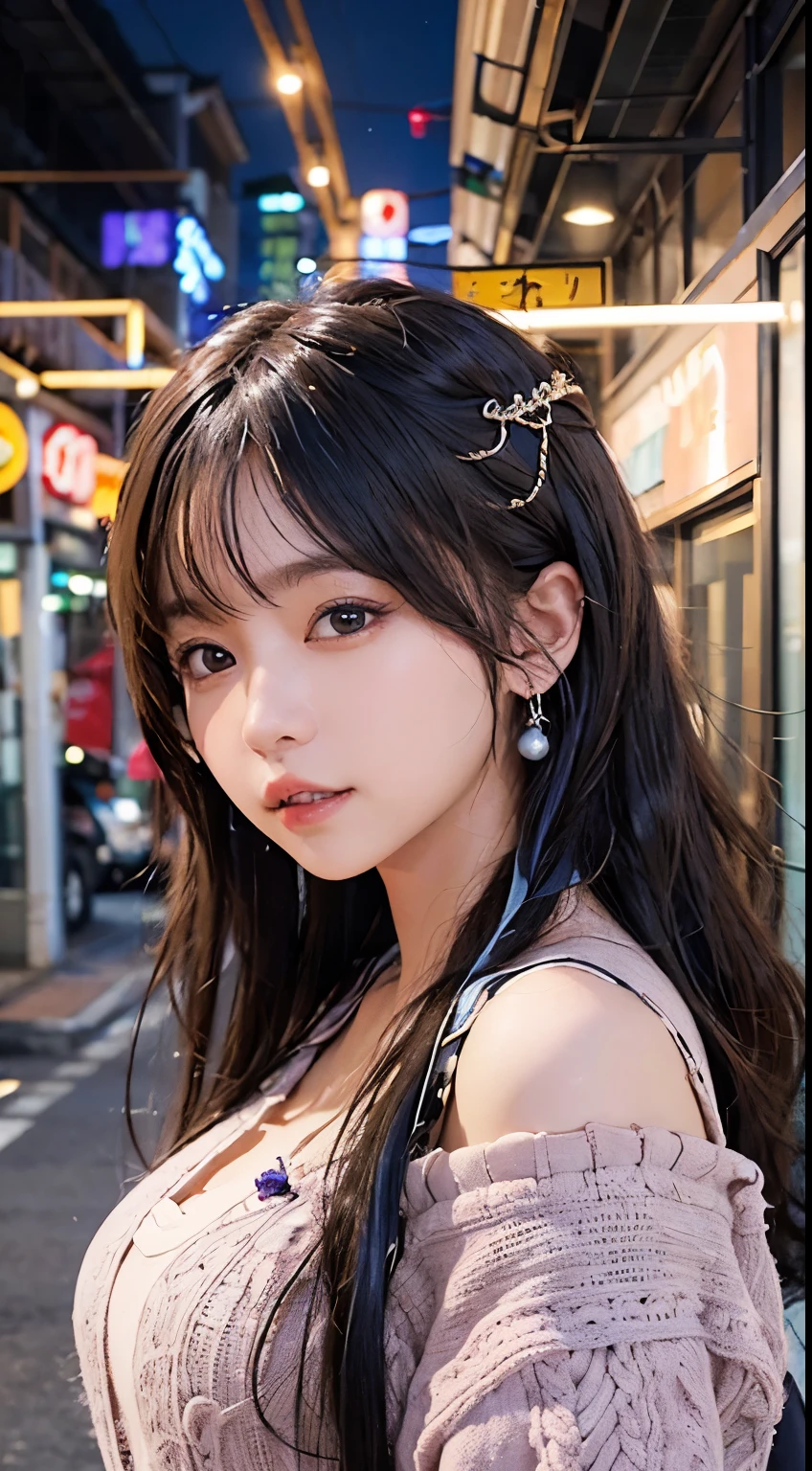 stand in japanese traditional street, in kyoto, japanese woman, wearing pale pink knitted sweater, in the sunset, pupils sparkling, black long hair, depth of field, f/1.8, ((Raw photography,top-quality,hight resolution,Ray tracing,nffsw,Best Quality,Post-processing,portlate.3D,PureErosFace_V1:0.7,))