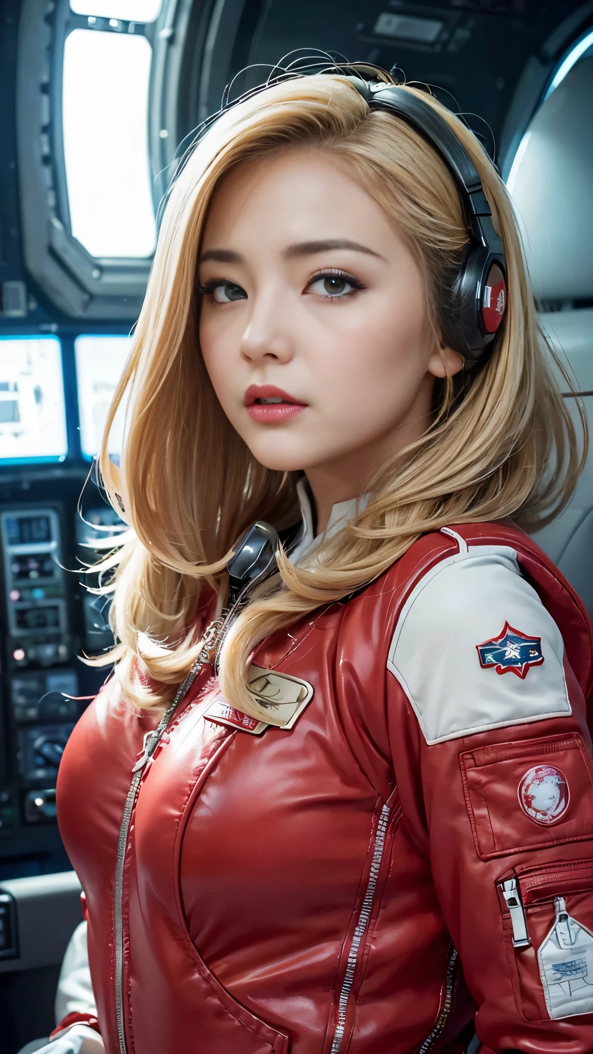 (hyper real)、future female pilots、
Huge　Beautiful woman　High level image quality　High resolution　realistic　short hair　blonde、　blondeの女性、mature woman、middle-aged women、((big big skin texture、超High resolution、realistic、Chubby body type、angry face、beauty of middle age、beautiful expression、Detailed green ironed fluffy hair、Kamimei、Very delicate and delicate skin texture、３５A woman piloting a giant space station)、female pilot batlight red lips、((Wear a red flight suit))、(((alone)))、