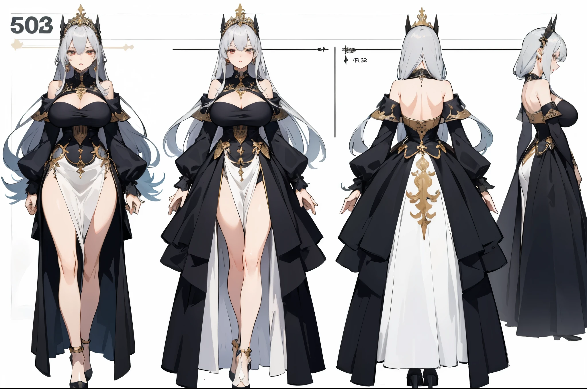 ((masterpiece, top quality)), detailed face, character sheets, full body, full of details, Multiple poses and expressions, highly detailed, Depth, many parts, 1 beautiful mature woman (huge breasts) very long silver hair and silky, silver eyes, red lips, a sensual body, dressed in a black queen dress with gold details, with jewels and a gold headdress, and a serious look.
