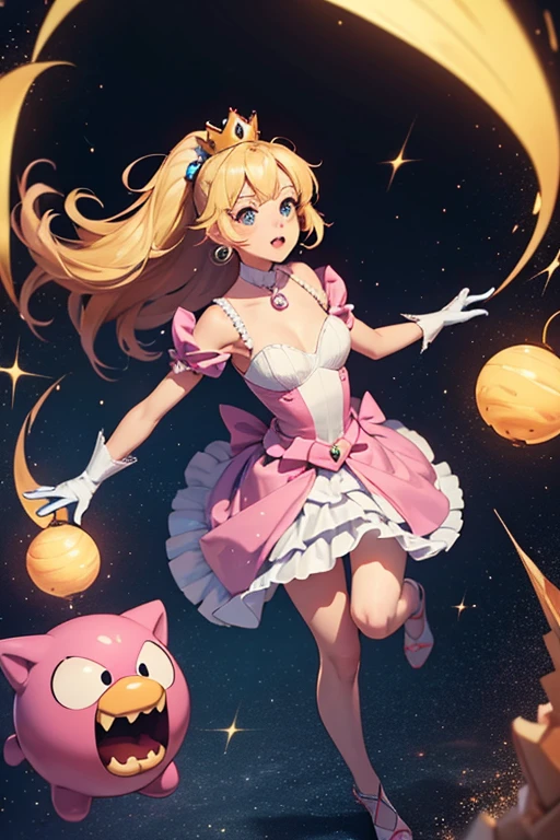 anime style; cute; 3d; glitter; wearing a peach princess costume from mario bros; blond hair; pink dress; white gloves; full body