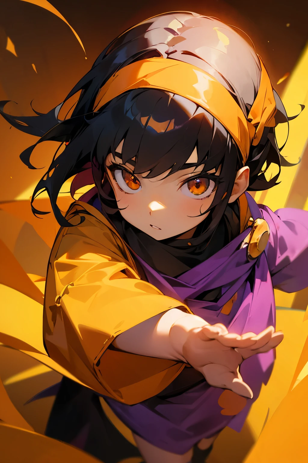 Orange martial arts clothing, black hair, golden eyes, sunglasses up, young child,purple headband,