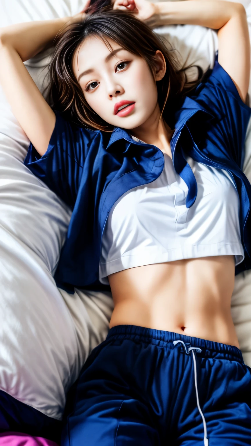 2 สาวlying in bedนอน, Navy blue short-sleeved shirt,Navy Long Trackpant,Sweatpants, Sweatpantsขายาว, lying in bed., หญิงรักhave sex, coax, Sexual arousal, Realistic poses, exercise clothes, exercise clothes, have sex, exercise clothes, masturbate