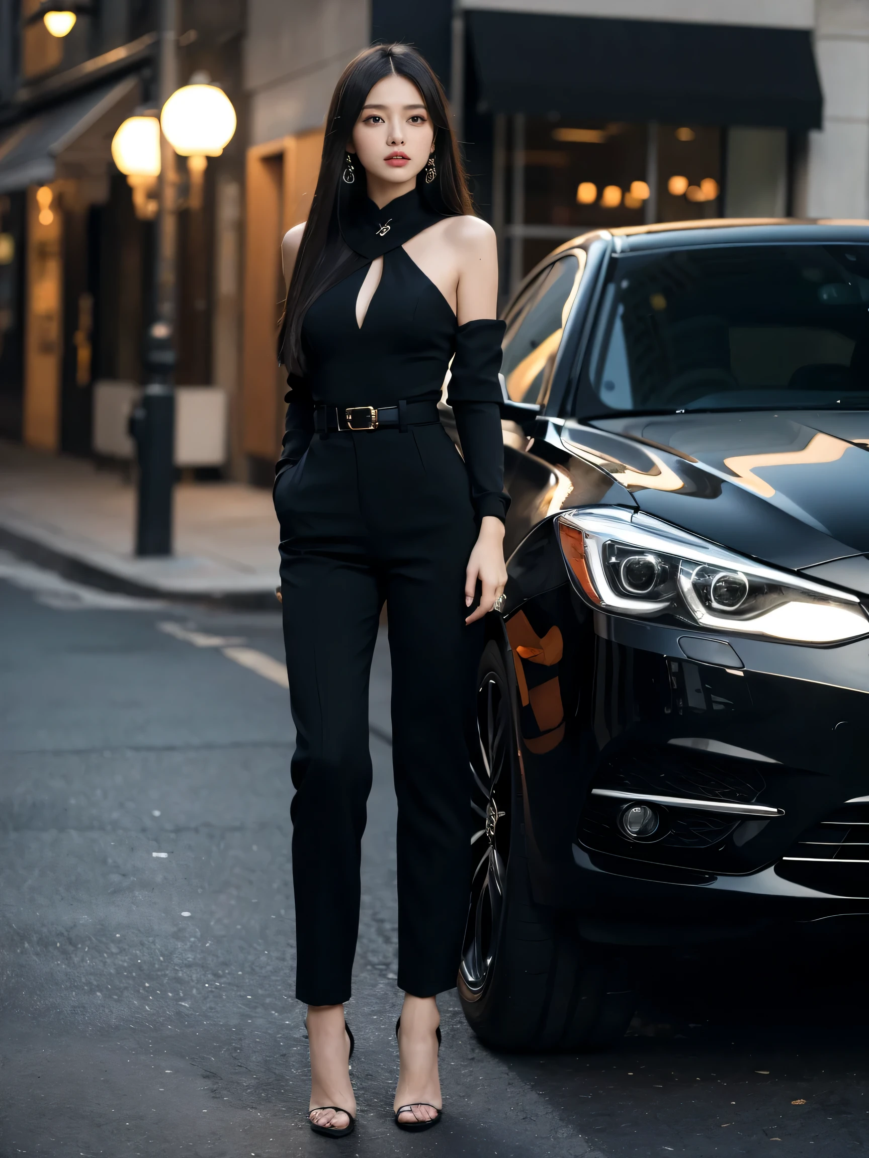 best quality,masterpiece,ultra high resolution,(actual:1.4),original photo,ultra high definition,8k,there is a girl,fashionable clothes,Cool outfit,skirt,Black,High heel,Black过肩长发,straight hair,Stylish skinny suit, high-class fashion,cool and trendy