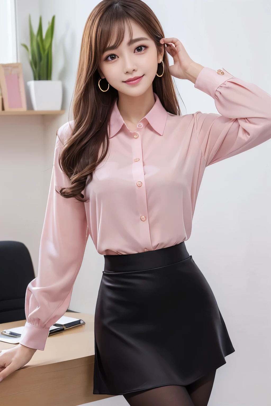 muste piece, best quality, 8K、(Golden Ratio Face、balanced eyes、very gentle eyelids)、double eyelid、beautiful nose、shy smile、lip gloss 、Very beautiful girl、Beautiful girl solo like a model、See photographer、((office lady、Company Uniform、blouse、pink suit、Pink tight skirt、black pantyhose))