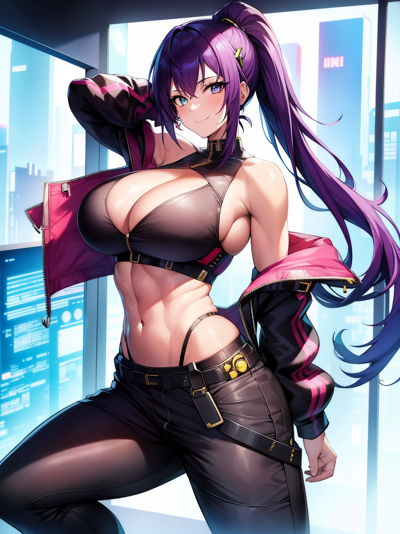 Beautiful girl, smile, cyberpunk, ponytail, bust up, abs, hair ornament, open chest clothes, pants, glossy skin, big breasts, cleavage, poses that show off cleavage, sexy,