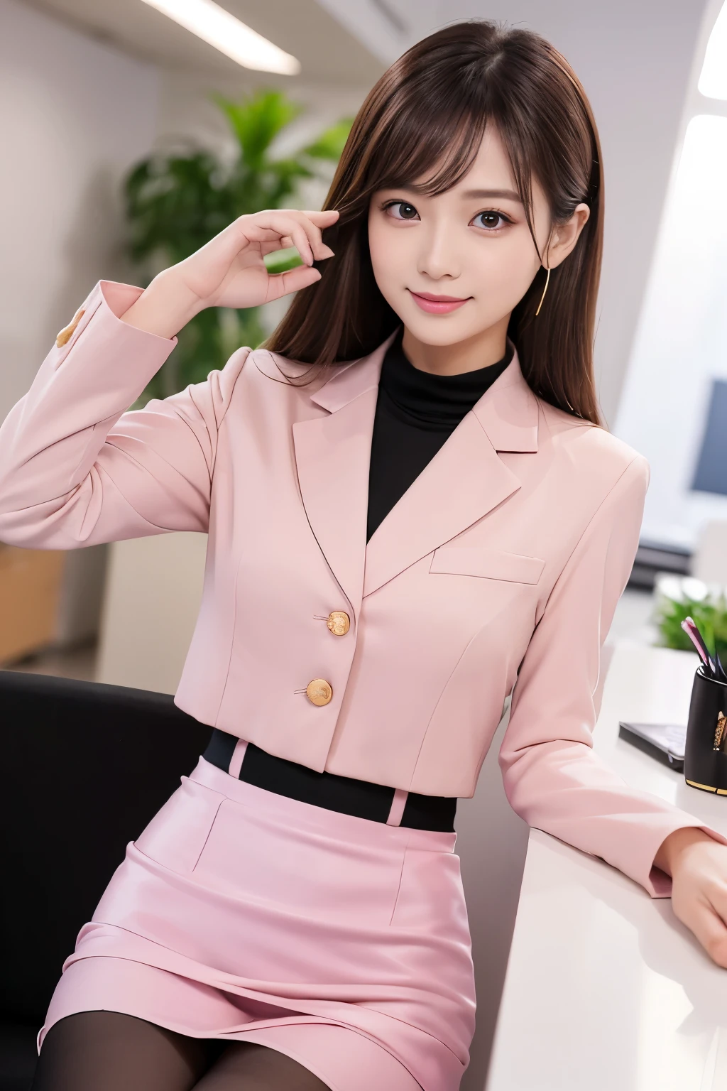 muste piece, best quality, 8K、(Golden Ratio Face、balanced eyes、very gentle eyelids)、double eyelid、beautiful nose、shy smile、lip gloss 、Very beautiful girl、Beautiful girl solo like a model、See photographer、((office lady、Company Uniform、pink suit、Pink tight skirt、black pantyhose))