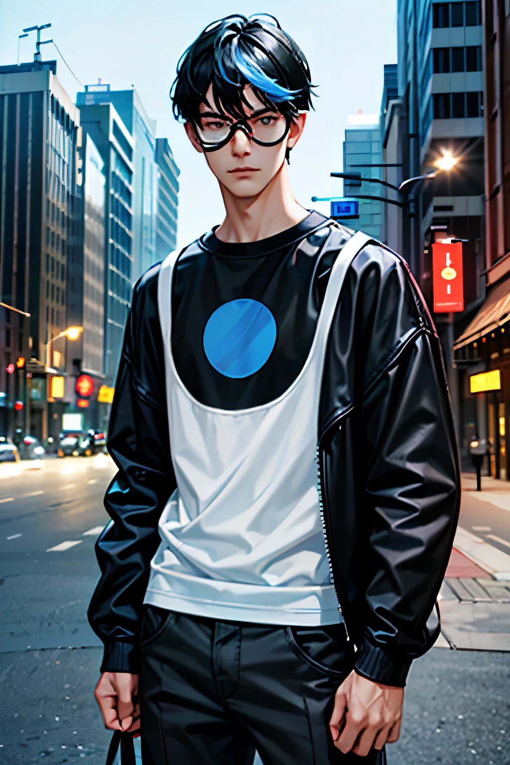 A 24-year-old man standing with casual clothes, (((black clothes))), skinny, twink ((((black hair with blue tips:1.0)))), fringe, red eyes, ((circle glasses)), serious expression, city background, DSRL, facing the viewer of the photo, eyes staring into the lens, man centered in photo, 8k, best quality, masterpiece, realistic, realistic photo, cinema photo, ultra realistic, 1 person, detailed, Dark Dark Lighting