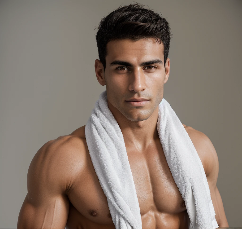 arafed man with a towel around his neck and no shirt, high quality, masterpiece, wearing a towel, male model, strong masculine features, average male, masculine features, lean man with light tan skin, head and shoulders photography, clean shaven wide face, clean shaven face, 27 yr old man, clean shaven!!!!, well-groomed model