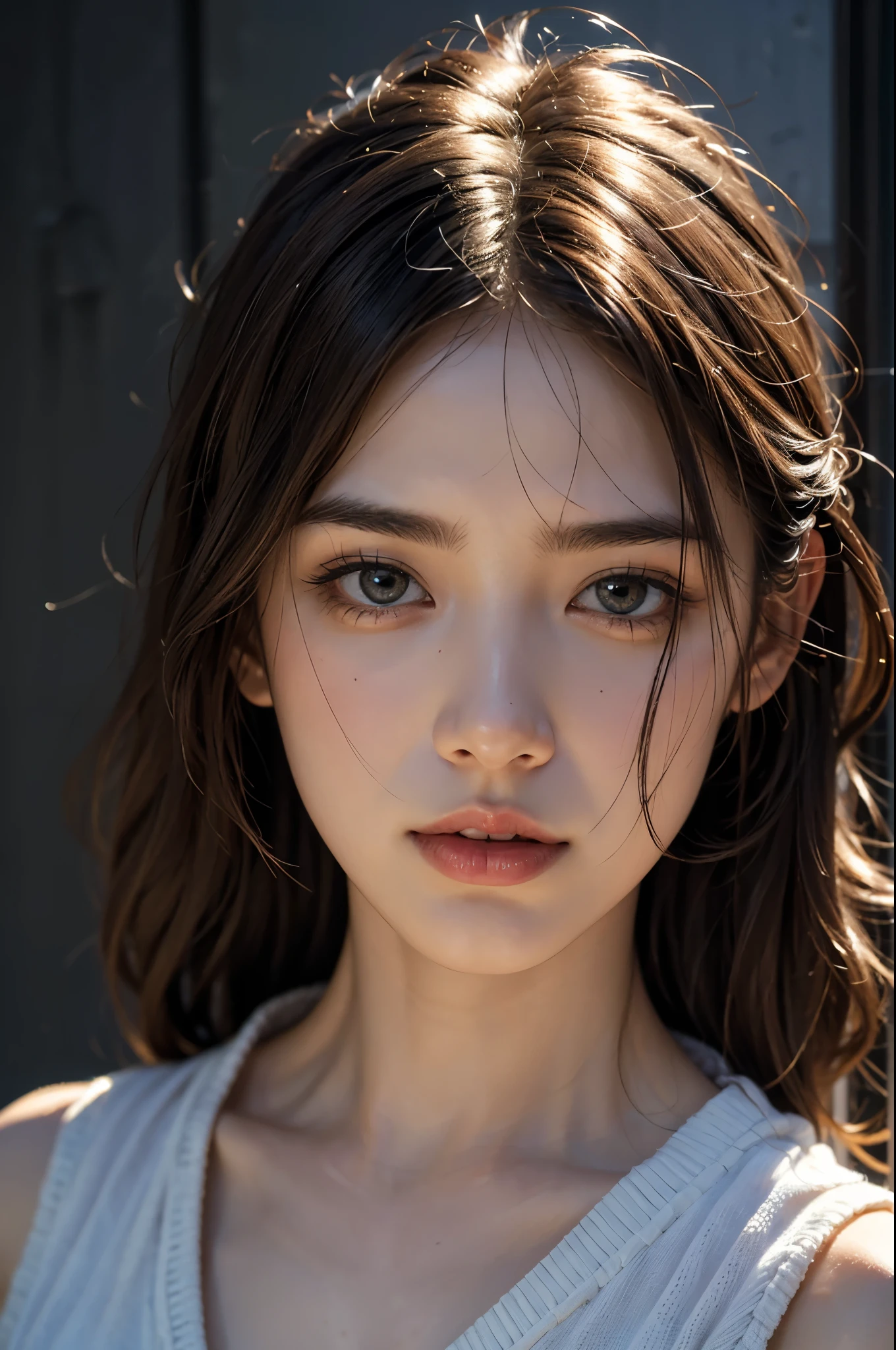 Best quality, masterpiece, ultra high res, (photorealistic:1.4), raw photo, 1girl, long hair, brown hair, detailed eyes and face, black sweater, dynamic lighting, in the dark, deep shadow, low key, cowboy shot