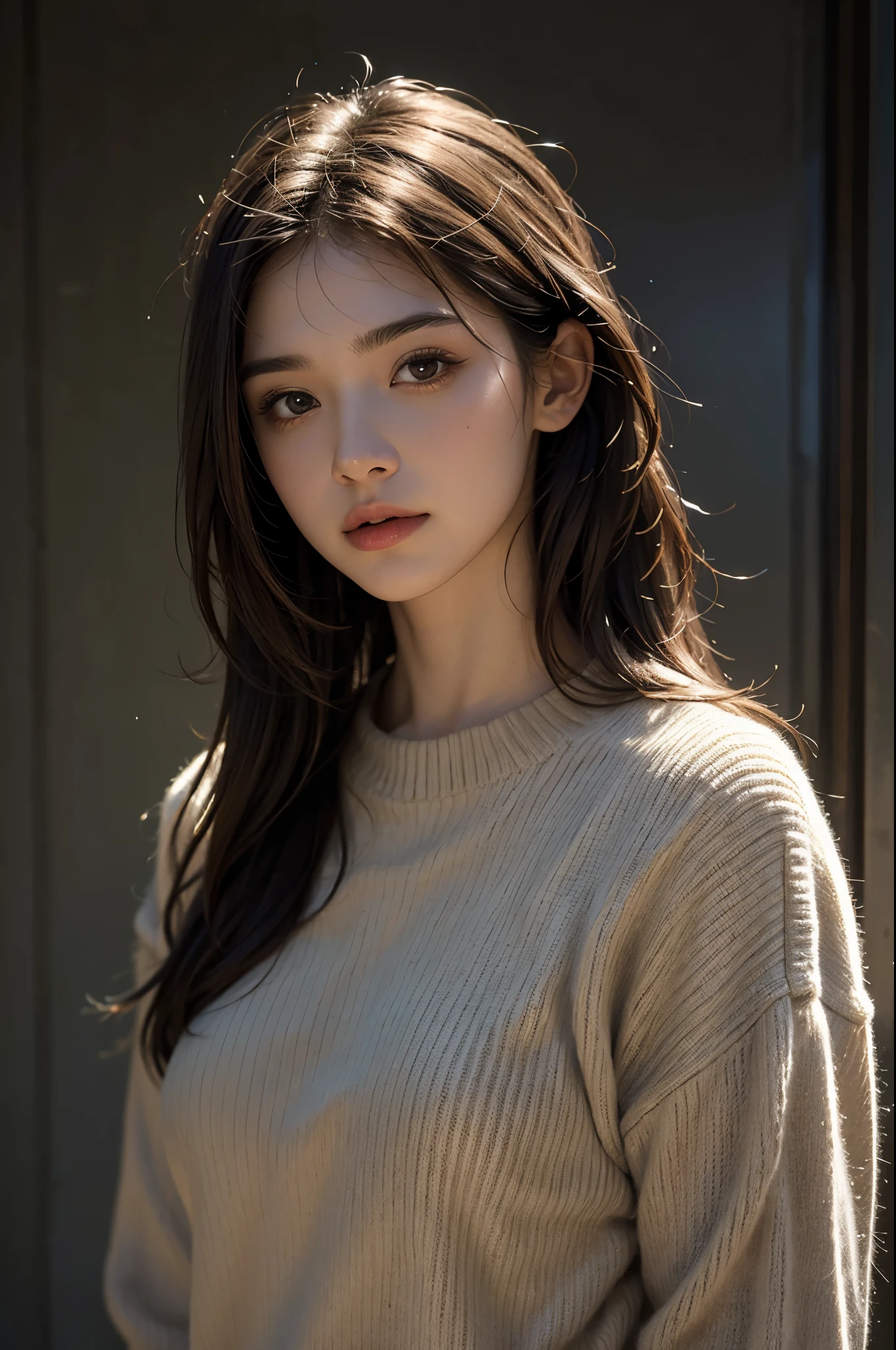 Best quality, masterpiece, ultra high res, (photorealistic:1.4), raw photo, 1girl, long hair, brown hair, detailed eyes and face, black sweater, dynamic lighting, in the dark, deep shadow, low key, cowboy shot