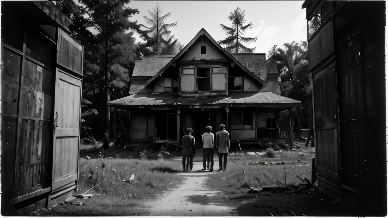 two men and three women with their backs to each other, outside an abandoned house full of tall trees, sujo, velho, Empoeirado, escuro ((monochrome)), ((escuro)), feio:5, ProfundoNegativo