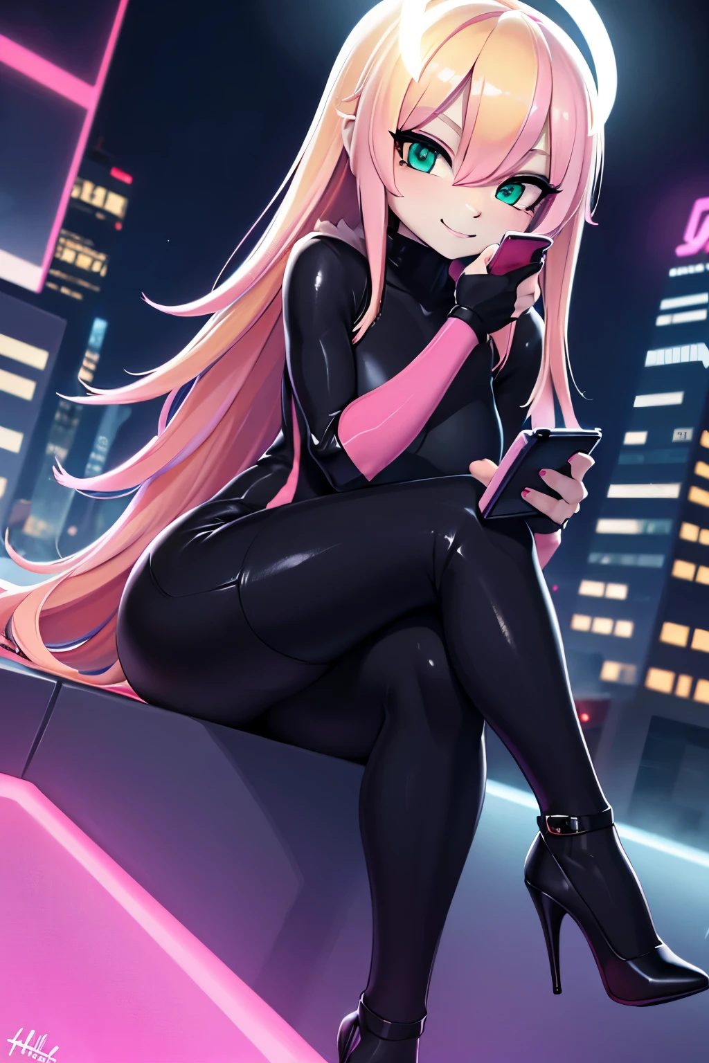 ((smartphone in hand)), ((((texting)))), face close-up, sitting, crossed legs, shiny pantyhose, (masterpiece), best quality, expressive eyes, perfect face, smiling, Masterpiece, best quality, 8k, Professional Photography, Angel girl, detailed face, expressive eyes, (blonde hair:1.3), (pink highlights:1.5), very long hair, (Iridescent halo), perfect nose, head fully in frame,
BREAK,
(petite body:1.3), green eyes, perfect hands,
BREAK,
(Edgy oversized faux fur coat worn over a sleek bodysuit and stiletto heels), creating a glamorous and editorial-worthy vogue look,
BREAK,
Nighttime cityscape with neon lights, reflective surfaces, a modern urban vibe, offering a dynamic and futuristic setting,
