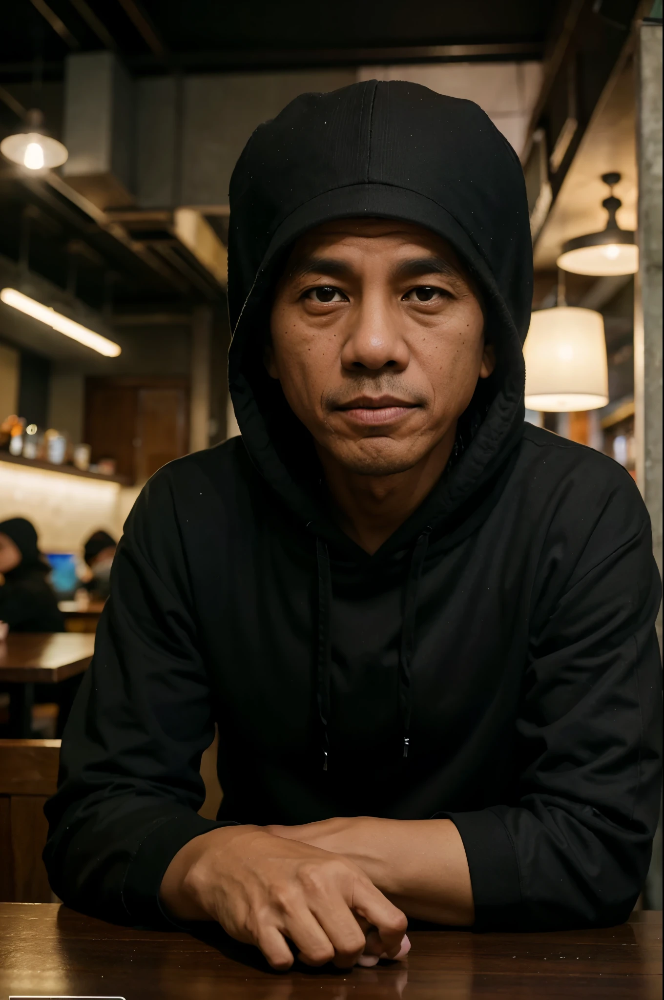 Background cafe , dengan seorang pria duduk di cafe memakai topi,memakai hoodie warna hitam, dihadapan pria ada seorang ir.jokowi dodo ,sedang mengobrol, fotografi terbaik,HD 